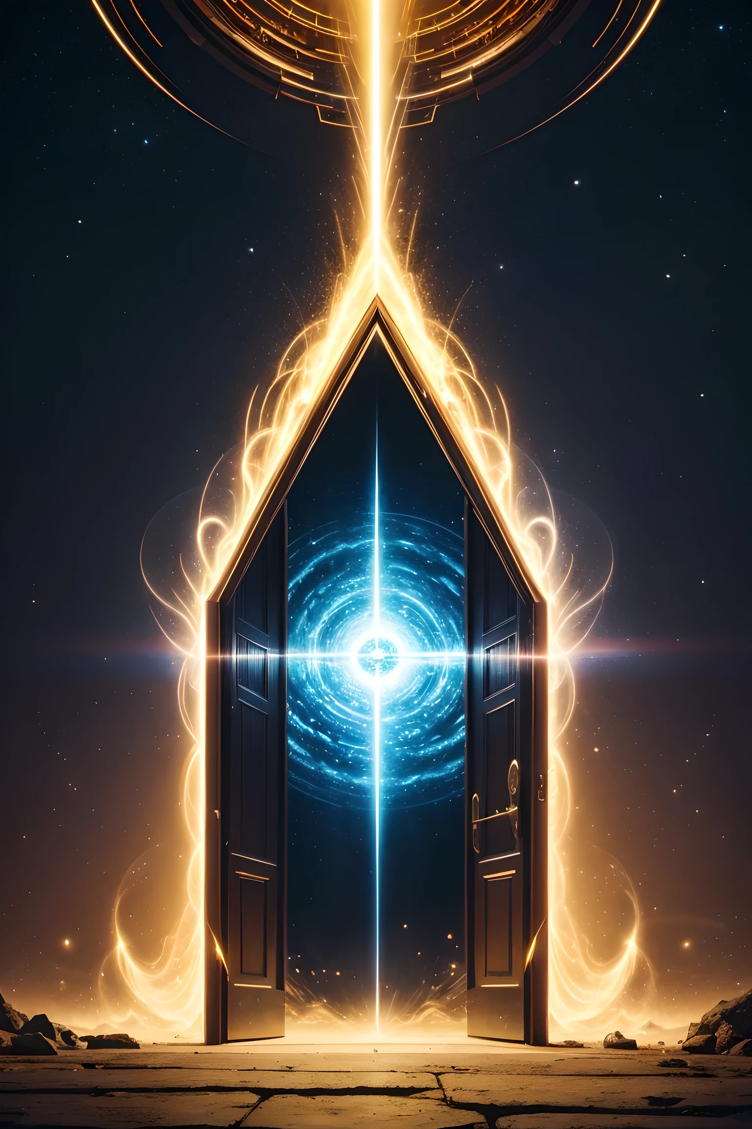 Forgotten Gate of Time and Space, Ancient future technology gate, aesthetic symbols, golden section, Colorful swirls on the door, Colorful effects, freeze frame, Light spot effect center symmetry, magical portal, Unparalleled masterpiece, best quality, 
