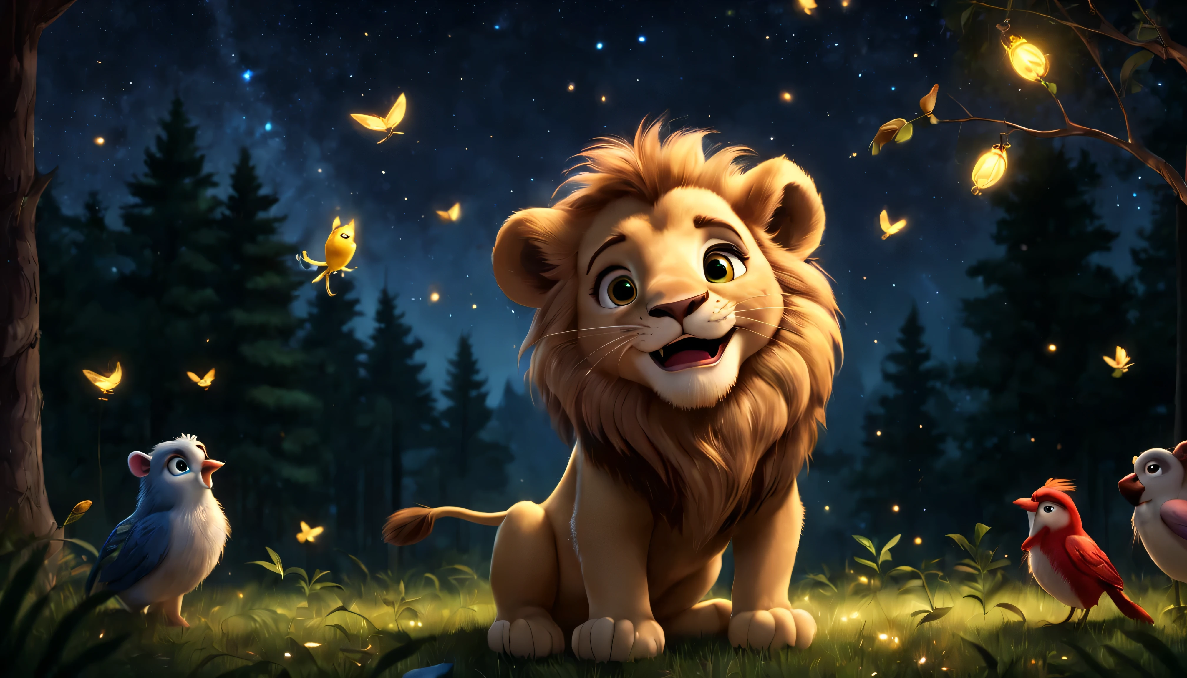 little smiling lion, at a party with birds and forest animals, Em uma noite estrelada, com vaga-lumes ao redor da floresta, disneypixar, muito realista, estilo de desenho animado, 4k