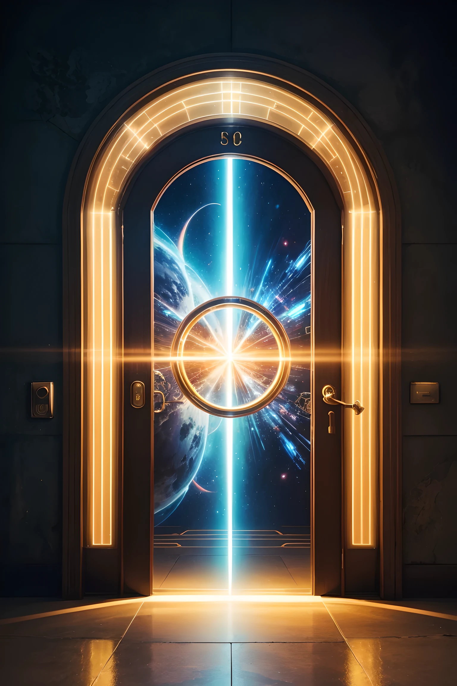 Forgotten Gate of Time and Space, Ancient future technology gate, aesthetic symbols, golden section, Colorful swirls on the door, Colorful effects, freeze frame, Light spot effect center symmetry, magical portal, Unparalleled masterpiece, best quality, 