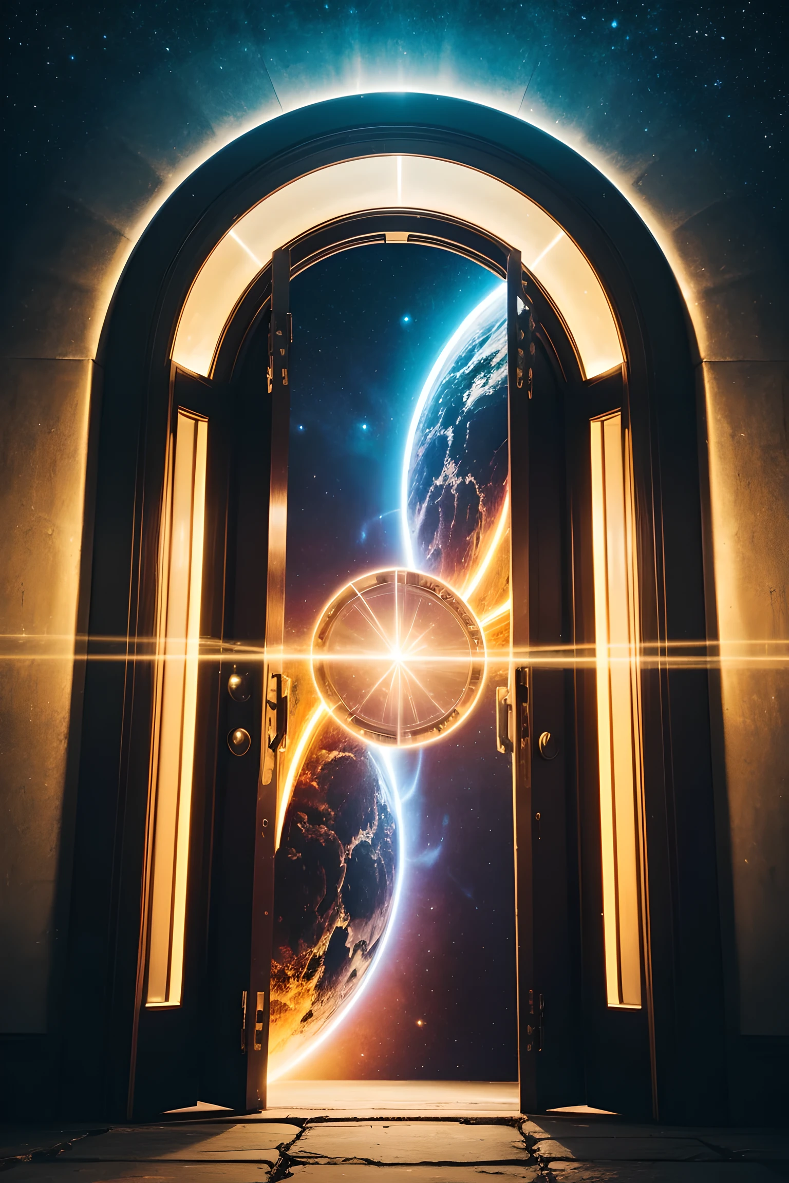 Forgotten Gate of Time and Space, Ancient future technology gate, aesthetic symbols, golden section, Colorful swirls on the door, Colorful effects, freeze frame, Light spot effect center symmetry, magical portal, Unparalleled masterpiece, best quality, 