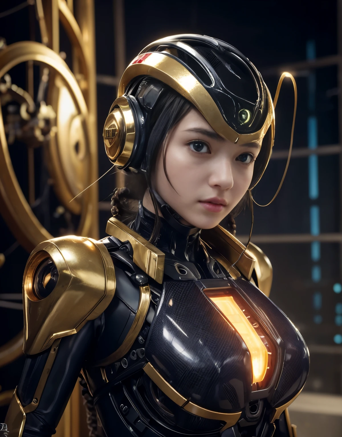 (Background of skimpy mechanical girl and octopus alien)、(Mystical expression)、highest quality、masterpiece、Super high resolution、(Photoreal:1.4)、RAW photo、1 girl、glowing skin、detailed face、(((1 Mechanical Girl)))、Heavy chest、(gold metal bodysuit)、(Natural alien background to fight aliens)、(Small LED)、((Super realistic details))、vertical giant monster background),global illumination、Shadow、octane rendering、24K、super sharp、robotの背景、big breasts、Raw skin exposed in the cleavage、intricate decorative details、Japan details、very intricate details、realistic light、(Mystical expression),CG Society Trenlow Eyes、Eyes shining towards the camera、Mechanical marginal blood vessels connected to neon detail tubes)、(Wires and cables connecting to the head)、Small LED、,mechanical thighs、two stock、(Hands are also made of machines)、robot、future alien、Please wear a mechanical helmet、transparent face guard on helmet,