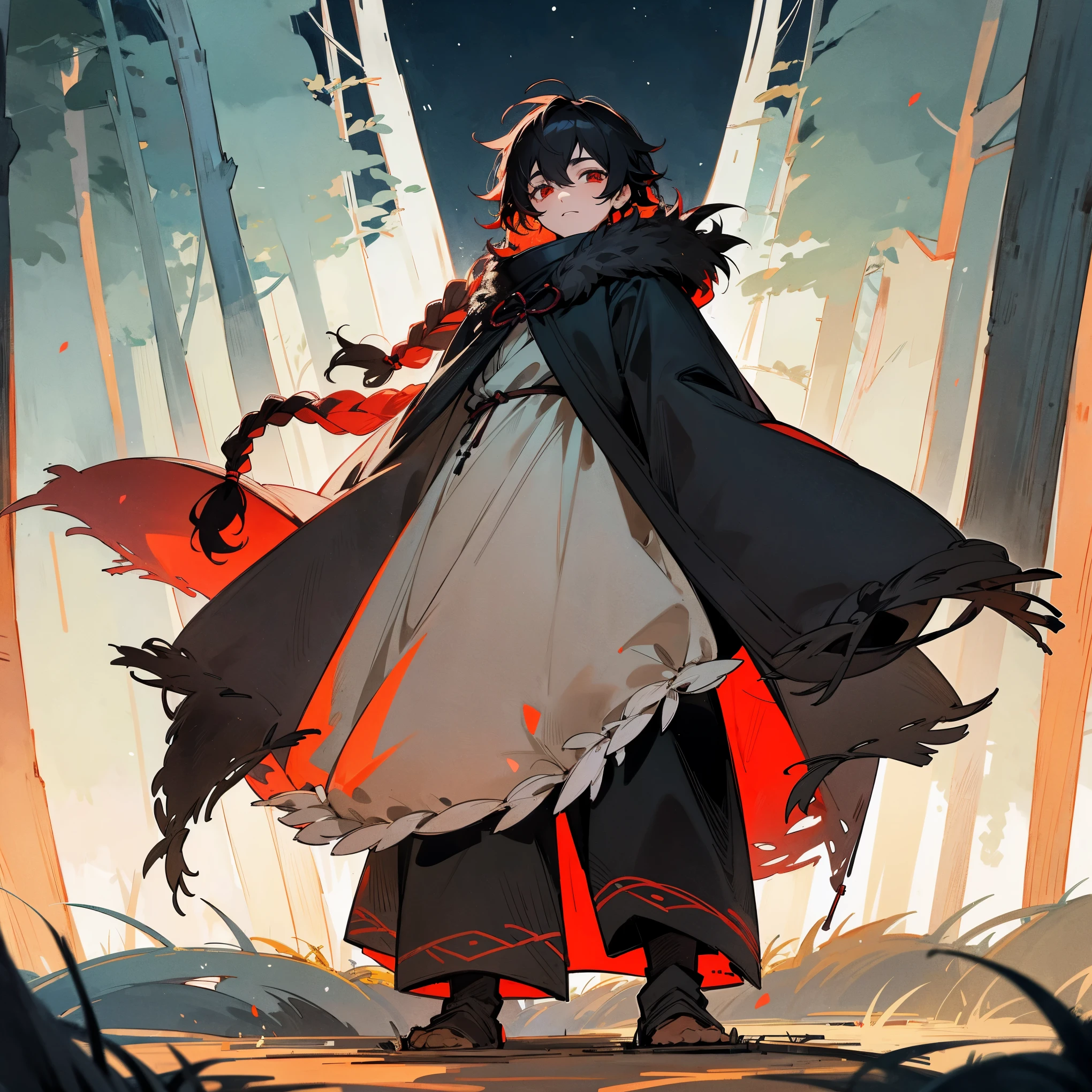 1male, teen, finely detailed red eyes, short messy black hair with single braid in front, fur poncho, peasant clothing, night time, standing on path, forest,