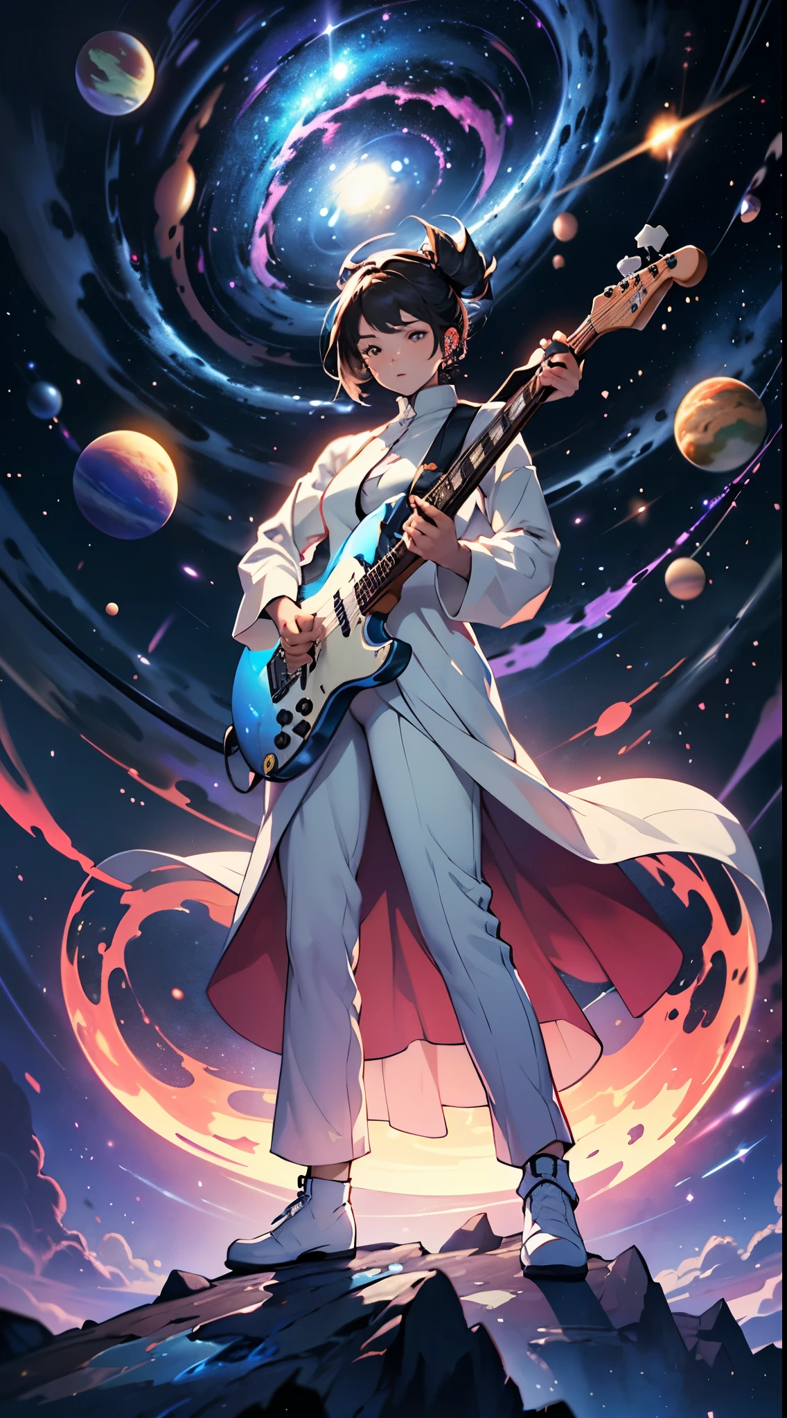 (highest quality,4k,8k,highres,masterpiece:1.2),dreamlike,celestial concert,ethereal glow,cosmic scene(swirling,constellations,planets),mysterious figure, A celestial concert begins as a mysterious figure, donned in white attire adorned with paint splatters, cradles a red electric guitar against the backdrop of a swirling galaxy. The ethereal glow emanating from the cosmic scene enhances the sense of wonder, seamlessly fusing the realms of music and the limitless expanse of the universe
