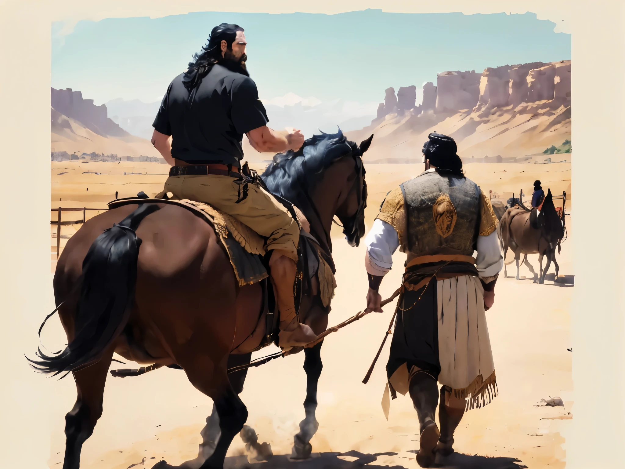 There is an adult man with a beard and black hair, montado em um cavalo. There's a king pulling the horse. In the background there are many people looking. biblical costumes. biblical style. Biblical scenario.