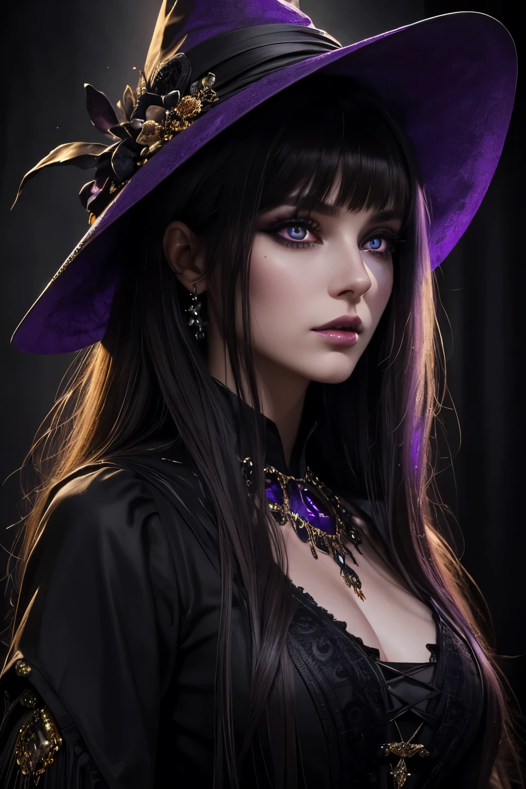 "(best quality,ultra-detailed,photorealistic),witch,beautiful detailed eyes,beautiful detailed lips,extremely detailed eyes and face,fringe dark brown hair,longeyelashes,black and purple dress with gold details,vivid colors,horror,studio lighting,dark and mysterious atmosphere"