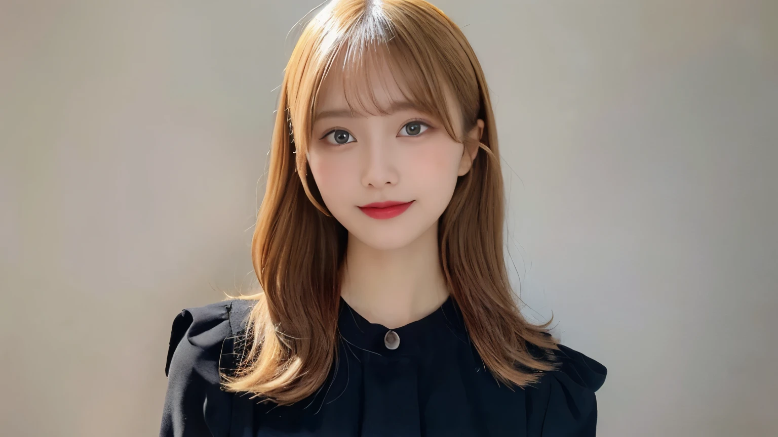 muste piece, best quality, illustration, Super detailed, fine details, High resolution, 8K Dende Wallpaper, perfect dynamic composition, beautiful detailed eyes, she is wearing a black dress,medium hair,natural color lip, shy smile,Harajuku style、20 year old girl、There is only one person, bust up photo、Correct posture、stretch your back、Never show your hands、Stand up straight、cute type、looking at camera、C Cup、golden hair、Don't touch it、white background、background is white、pure white background