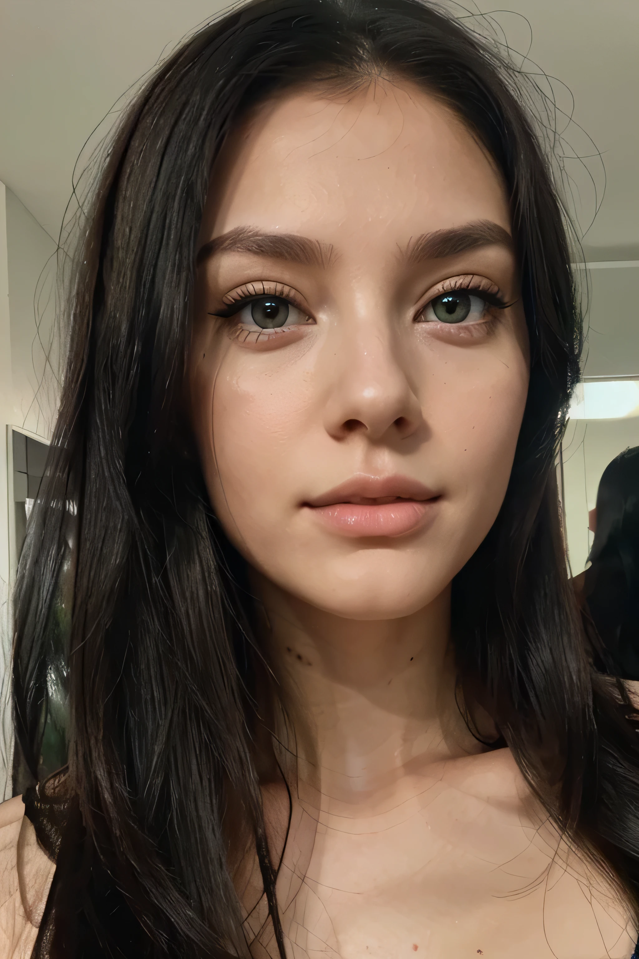 long black hair, hyper-realistic, green eyes, young woman, beutiful