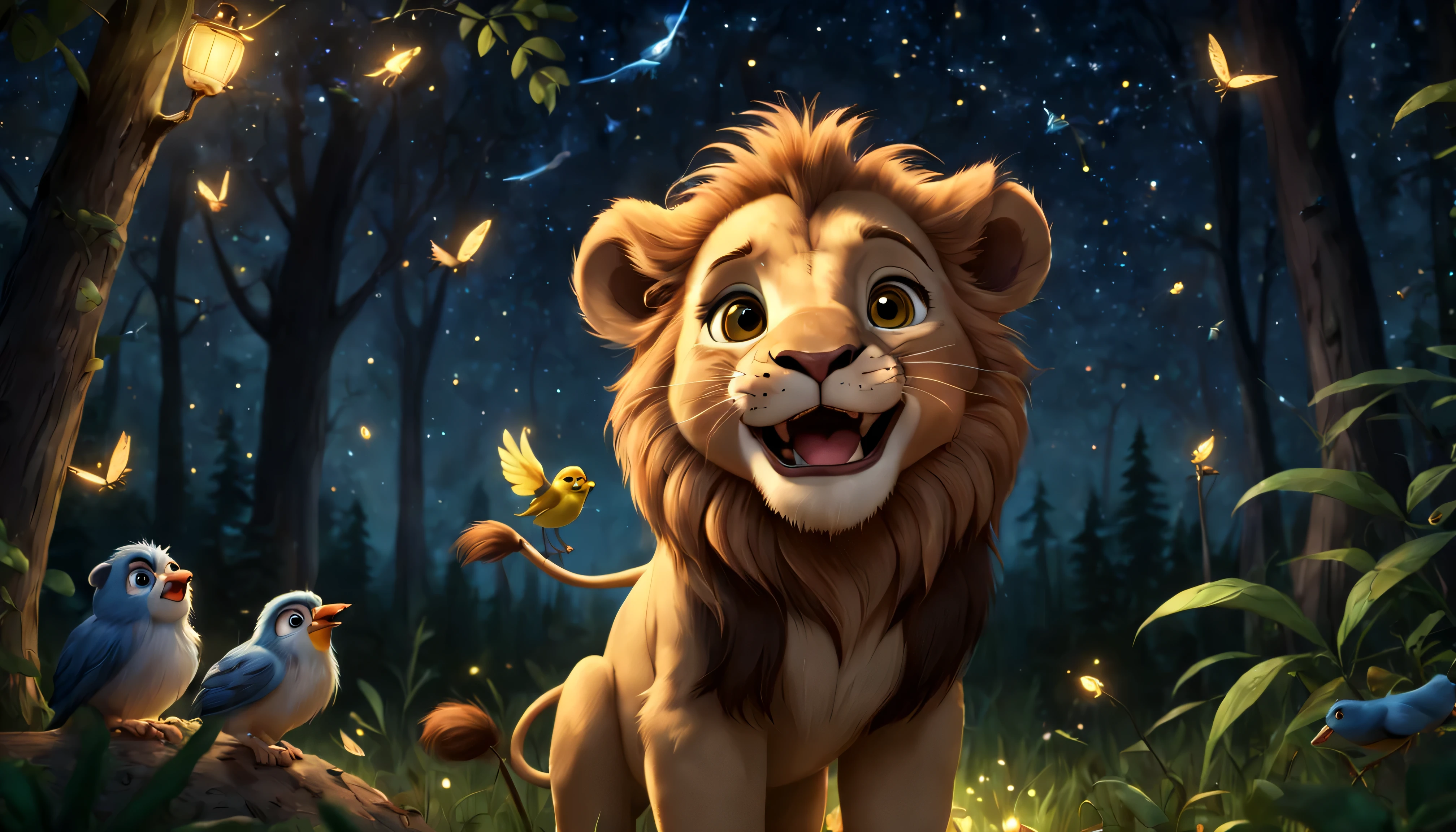 little smiling lion, at a party with birds and forest animals, Em uma noite estrelada, com vaga-lumes ao redor da floresta, disneypixar, muito realista, estilo de desenho animado, 4k