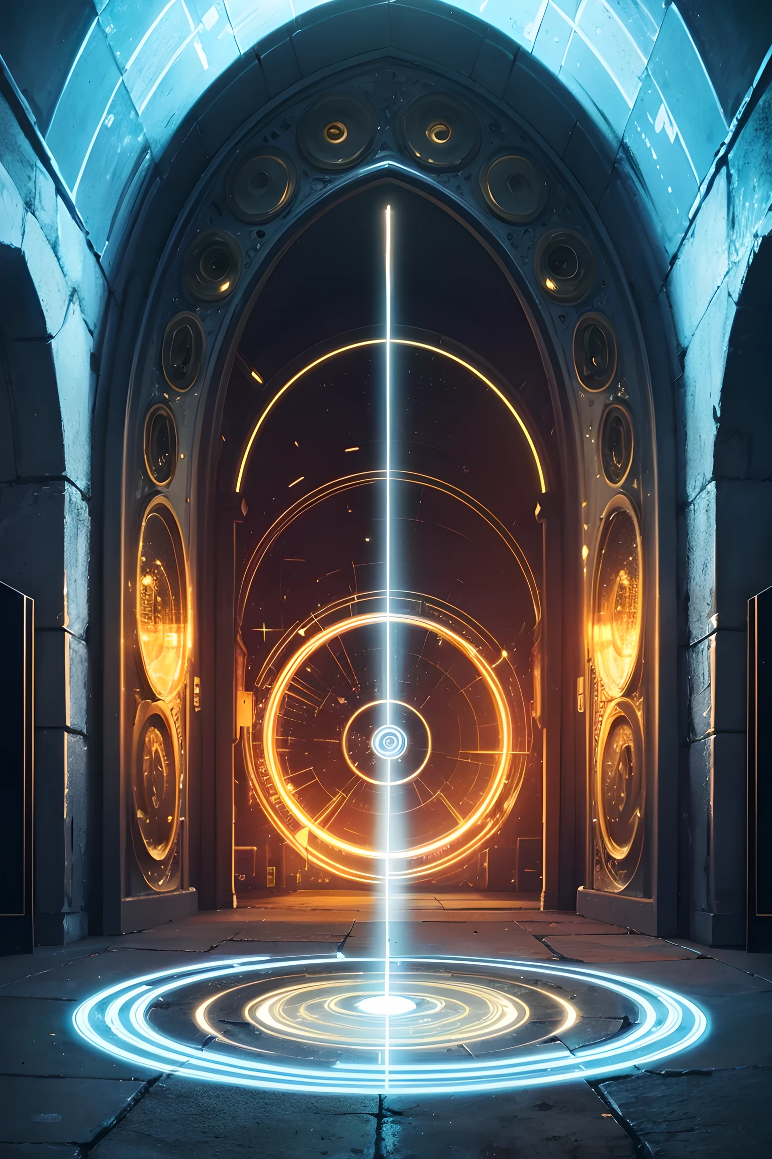 Forgotten Gate of Time and Space, Ancient future technology gate, aesthetic symbols, golden section, Colorful swirls on the door, Colorful effects, freeze frame, Light spot effect center symmetry, magical portal, Unparalleled masterpiece, best quality,