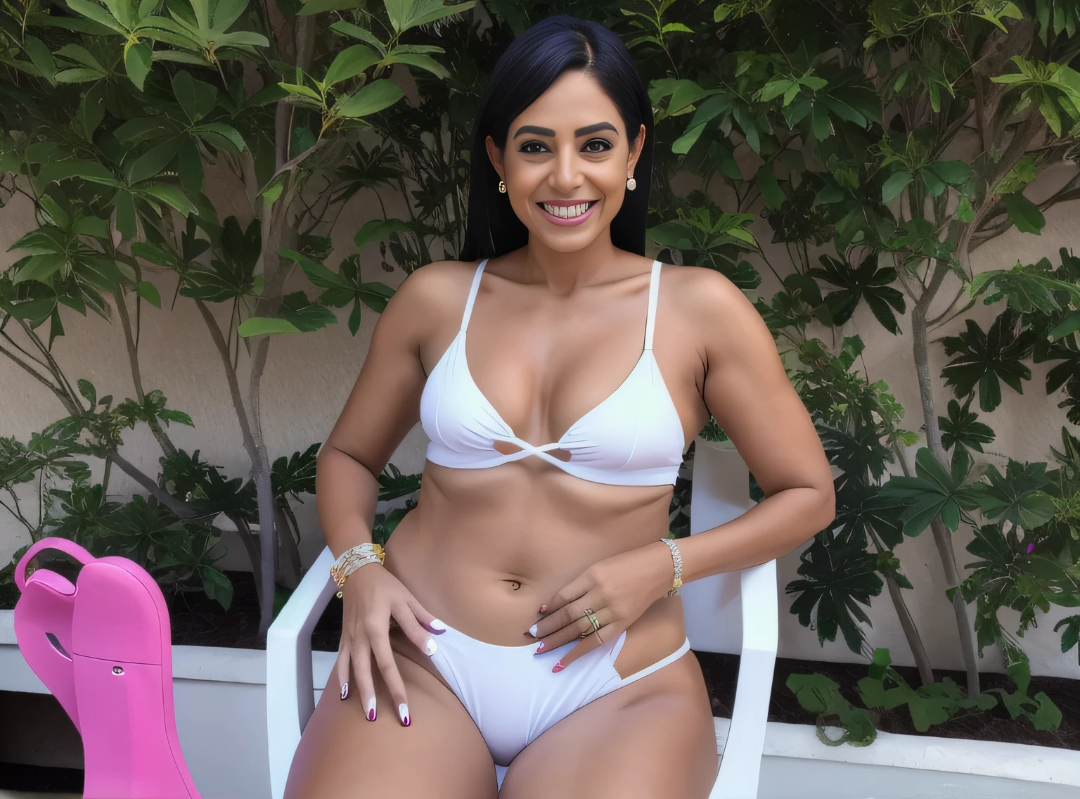woman in white bikini sitting in white chair next to a wall, wearing a white bikini, in bikini, full body shot in bikini, (38 anos), 3 Brazilian mother of 5 years, Mulheres de 40 anos, white bikini, 3 0 anos mulher, vestido in bikini, cerca de 3 5 anos, in bikini, o extremamente quente e sexy