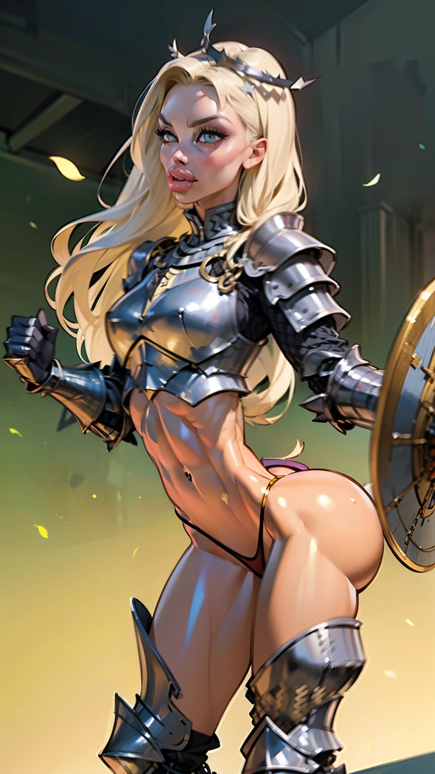 woman, ((long hair)), (chainmail on head), silver blonde hair, ((beautiful)), ((straight hair:1.4)), ((coif on head)), adorned in medieval armor, (Aletta ocean face), twerking, (small breasts:1.3), metal muscles, emanating a medieval elegance and marvel, armor pump boots, ((breastplate)), ((chainmail coif)), ((chainmail on head)), small armband, (shoulder armor), gauntlets, ((armored thong:1.5)), sword, shield, exposed midriff, (puffy lips:1.3), detailed eyes, ((slendered abs:1.3)),(pissed off), wide hips, (puffy lips:1.5),rim lighting, side light, cinematic light, ultra high definition, 8k, film grain,best shadow, light particles, detailed skin texture, detailed gem armor texture, detailed face, intricate details, super detailed, bright, spiked heel boots