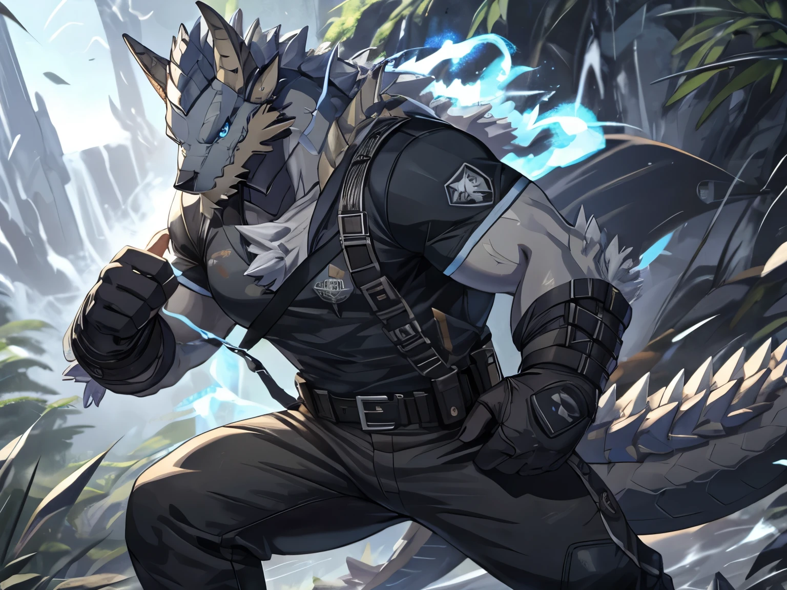 Masterpiece, Cool Pose, Furry Gray Dragon, Medium Strong Body, Blue Eyes, Grey Medium Hair, Combat Shirt, Combat Gloves, Combat Pants, Fierce, Good looking.