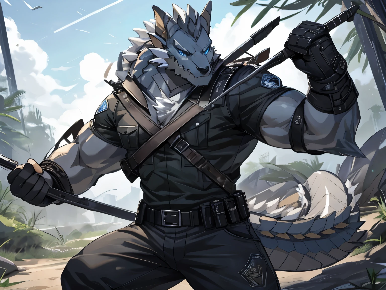 Masterpiece, Cool Pose, Furry Gray Dragon, Medium Strong Body, Blue Eyes, Grey Medium Hair, Combat Shirt, Combat Gloves, Combat Pants, Fierce, Good looking.