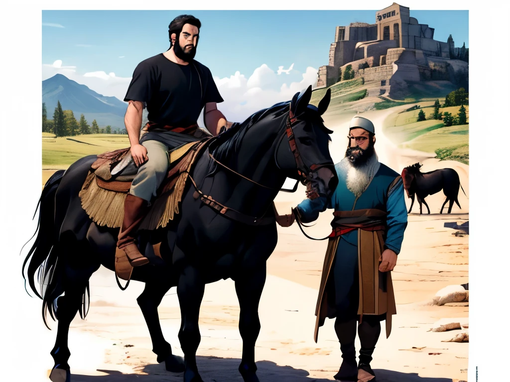 There is an adult man with a beard and black hair, montado em um cavalo. There&#39;s a king pulling the horse. In the background there are many people looking. biblical costumes. biblical style. Biblical scenario.