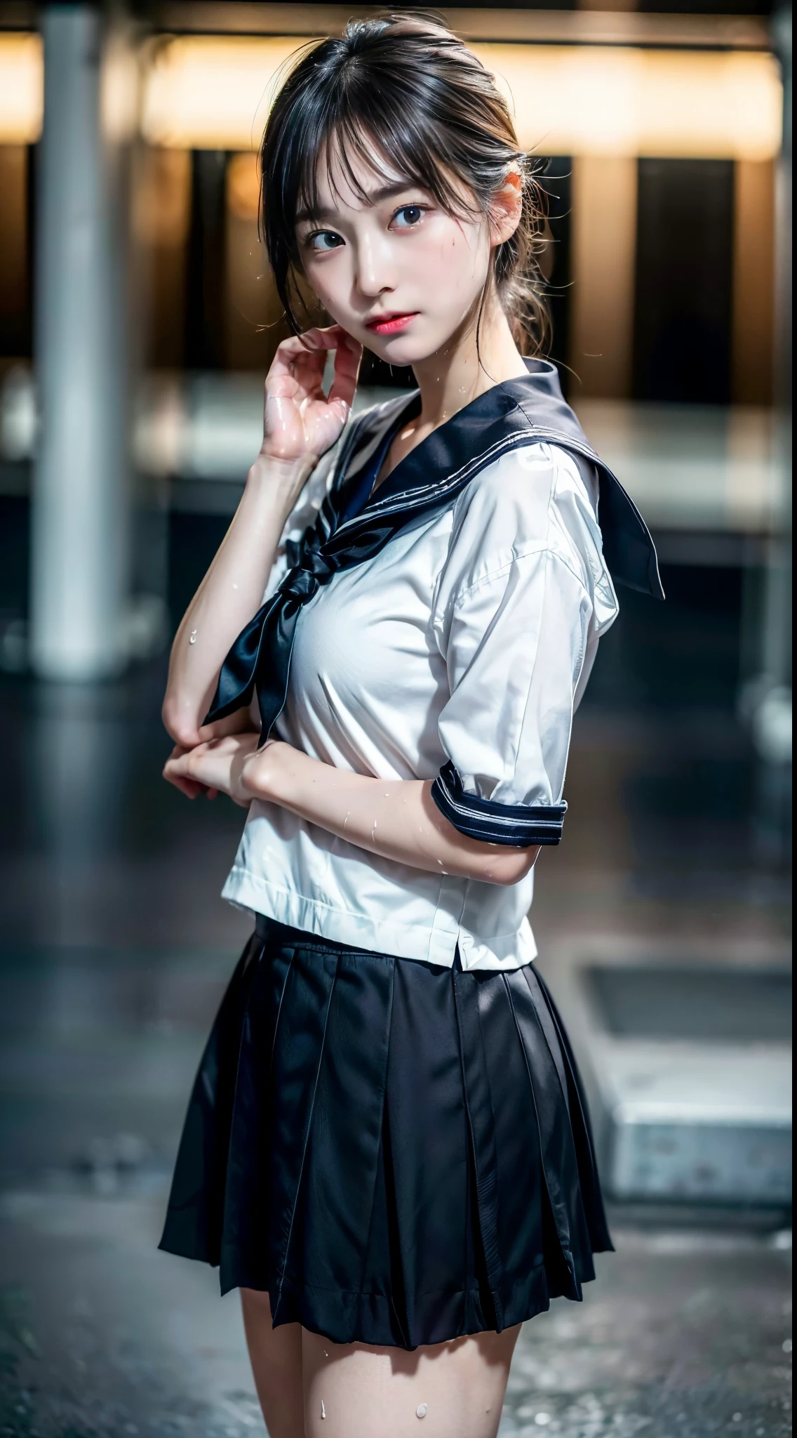 wearing black socks,holding the edge of the skirt with her hand,realistic glowing skin, (sweating:1.4),standing backwards,Look back at your face,Always look at the camera, 17 years old,Skirt is the main character ,The pose is full body,
Classic white and black sailor suit,summer clothes,cold look,cold gaze,black hair,blush,tie hair short,White skin as clear as silk,best realistic depiction,(very detailed美しい顔), wonderful face and eyes, (highest quality:1.8), (Super detailed), (very detailed CG 統合 8k 壁紙), very detailed, High resolution RAW color photos, professional photography, realistic portrait,
(Detailed full body RAW photo of girl), Canon EOS R5 550mm, sharp focus, cinematic lighting, (no makeup:1.8), Fine skin texture, fine clavicle texture,Detailed texture of sailor suit,Very realistic sailor uniform texture,(ultra high resolution:1.6), (realistic:1.8),,chromatic aberration