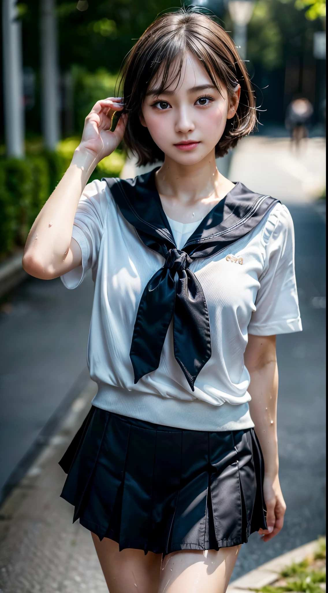 wearing black socks,holding the edge of the skirt with her hand,realistic glowing skin, (sweating:1.4),standing backwards,Look back at your face,Always look at the camera, 17 years old,Skirt is the main character ,The pose is full body,
Classic white and black sailor suit,summer clothes,cold look,cold gaze,black hair,blush,tie hair short,White skin as clear as silk,best realistic depiction,(very detailed美しい顔), wonderful face and eyes, (highest quality:1.8), (Super detailed), (very detailed CG 統合 8k 壁紙), very detailed, High resolution RAW color photos, professional photography, realistic portrait,
(Detailed full body RAW photo of girl), Canon EOS R5 550mm, sharp focus, cinematic lighting, (no makeup:1.8), Fine skin texture, fine clavicle texture,Detailed texture of sailor suit,Very realistic sailor uniform texture,(ultra high resolution:1.6), (realistic:1.8),,chromatic aberration