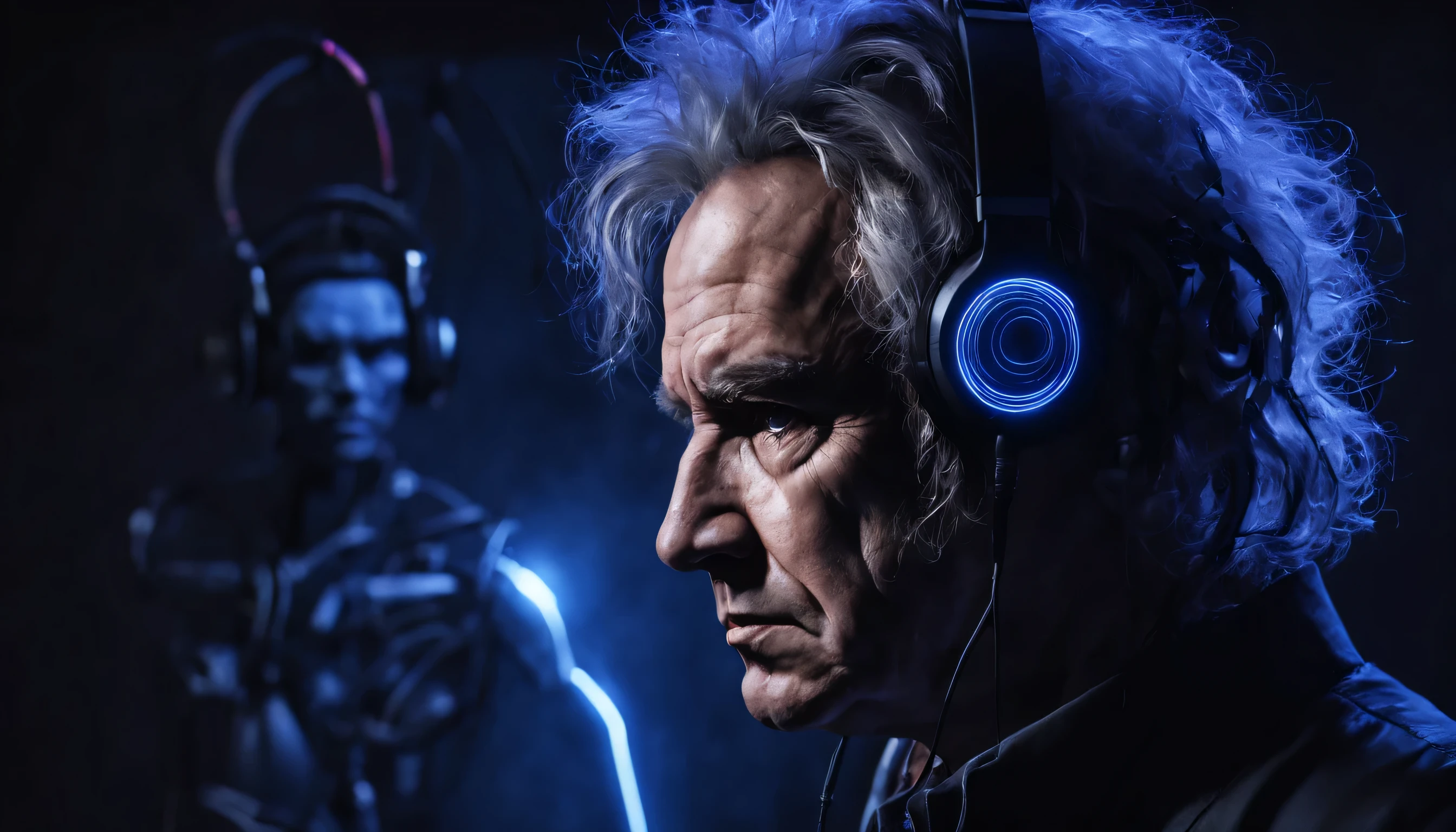 Ludwig van Beethoven with a cybernetic body, ultraviolet-colored wires attached to his head, behind him stands an alien from another panet a with headphones on his head, listening to songs from years ago, electric currents flowing through his body, while ominous shadows surround him, (sinister:1.2), (dark and moody lighting), (ominous atmosphere), (contrast between light and darkness)