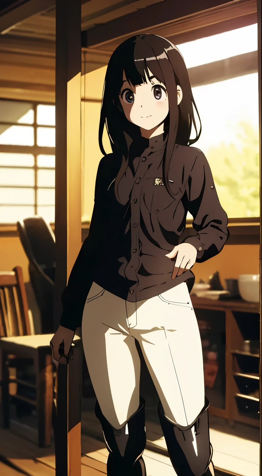masterpiece, highest quality, figure, very detailed, chitanda_teeth, beautiful and fine eyes, riding clothes、Rubber Black Riding Boots,british horse riding、cowboy shot, standing figure,full body portrait、馬teethいない。