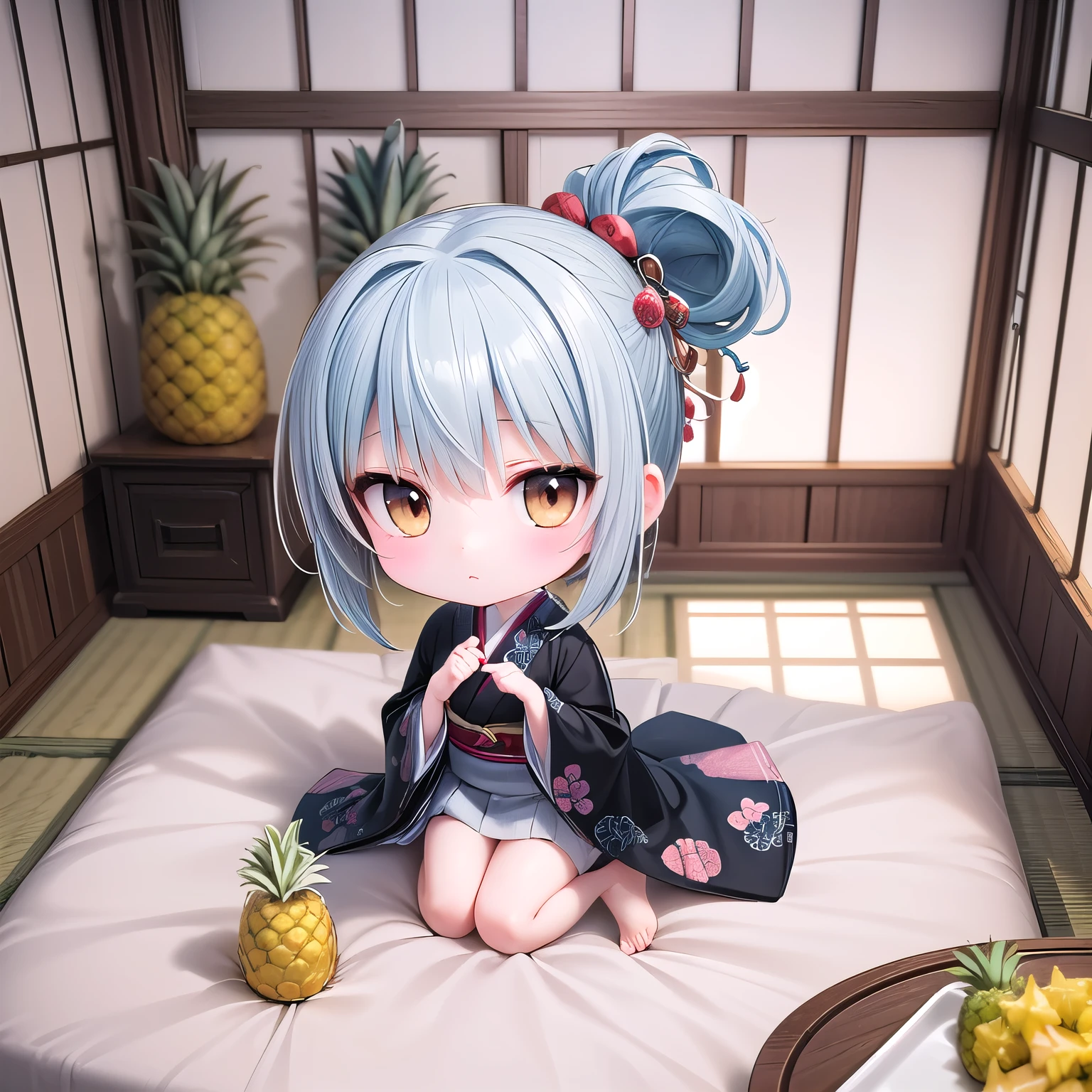 ((Chibi,pineapple, 3DCG, japanese room,on bed,one girl: 1.5)) ,(Masterpiece, almond-shaped eyes, glossy white-blue hair, short chignon hair, top quality, carefully drawn fingertips, beautiful anatomy : 1.4), (full body: 1.3), (Red cheeks, indifference, no expression, hair blowing in the wind: 1.2),(building,big Window,warm fashion, big robe,sit,:1.3)
