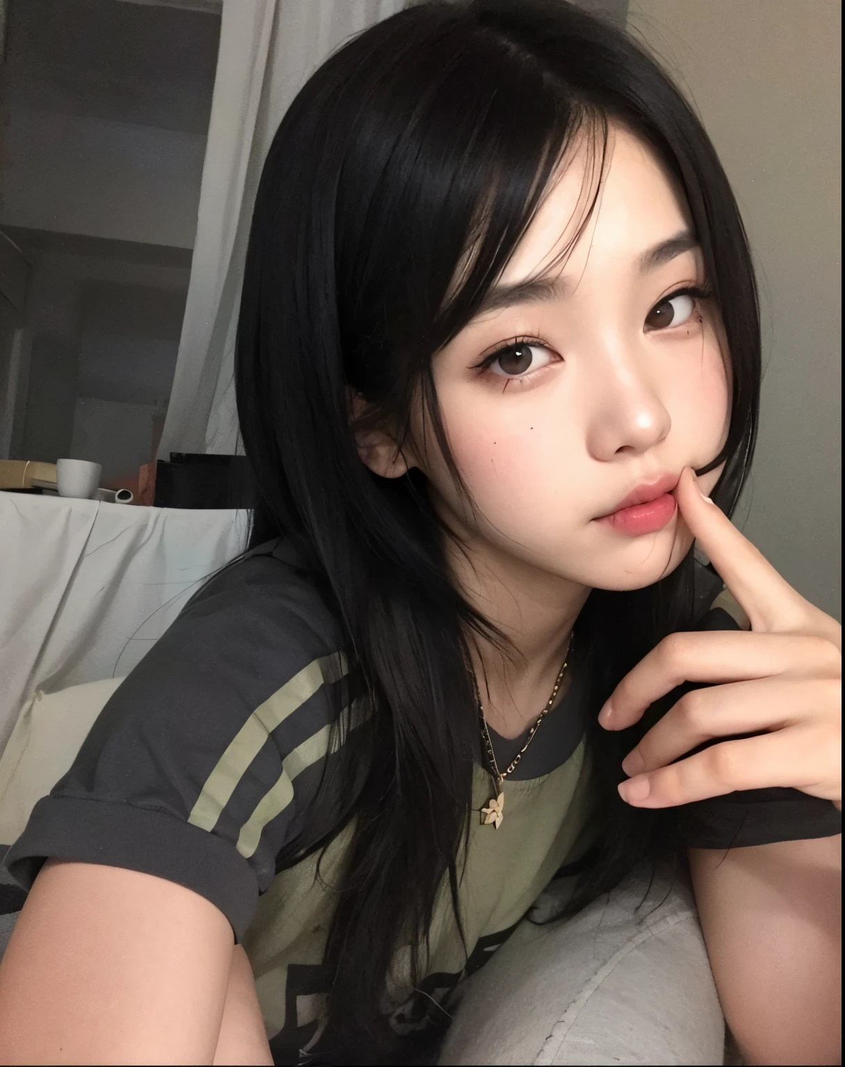 There is a woman who is sitting with her finger on her lips, ulzzang, chica linda-cara-fina, hermosa cara de chicas japonesas, sui ishida con cabello negro, chiho, chica anime en la vida real, con cara linda - fina, pelo cortado hime negro, Young cute pale asian face, ella tiene el pelo negro con flequillo