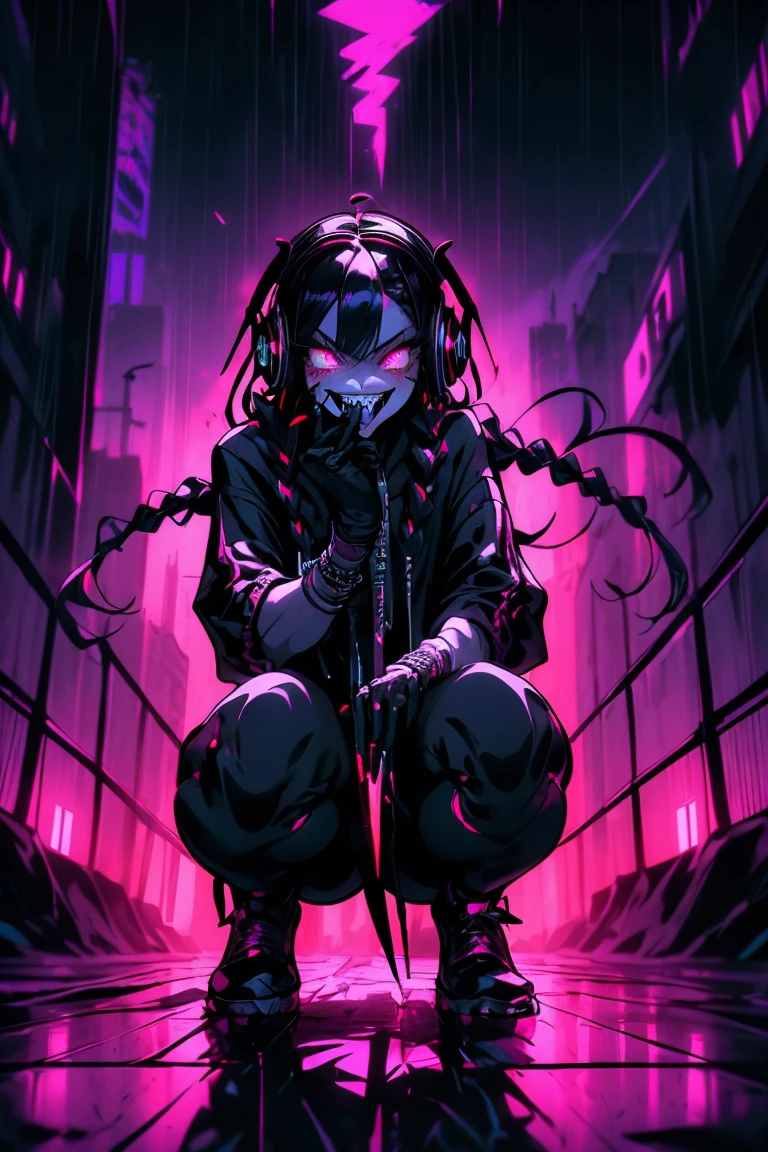 (ultra-detailed), (masterpiece), (best quality), (depth of field), (sharp focus), (cinematic lighting), (vibrant colors),   1girl, crazy smile, fangs, tongue sticking out, glowing eyes, dynamic pose, monster, headphones, streetwear, raining, black hair, long braided hair, squatting, black gloves, holding knife, blood