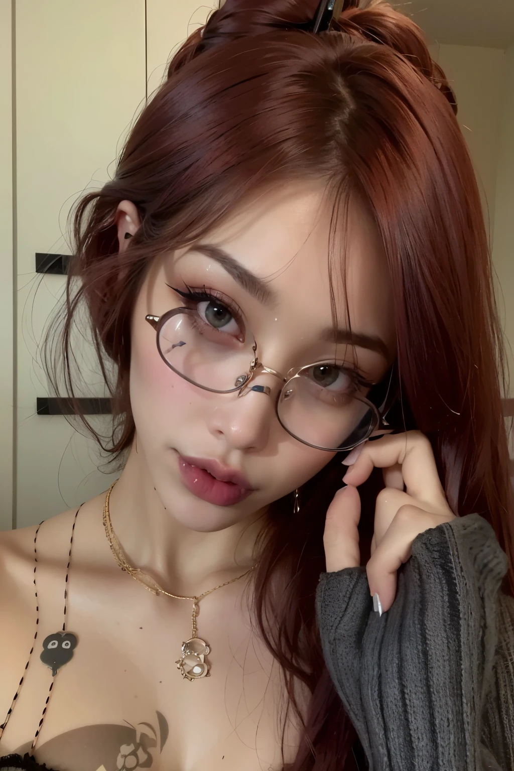 a close up of a woman with glasses and a sweater, with long hair and piercing eyes, with glasses, goth girl aesthetic, with square glasses, 1 7 - - old me goth girl, belle delphine, wearing thin large round glasses, thin round glasses, cruel korean goth girl, red contact lenses, 1 7 - year - goth gi