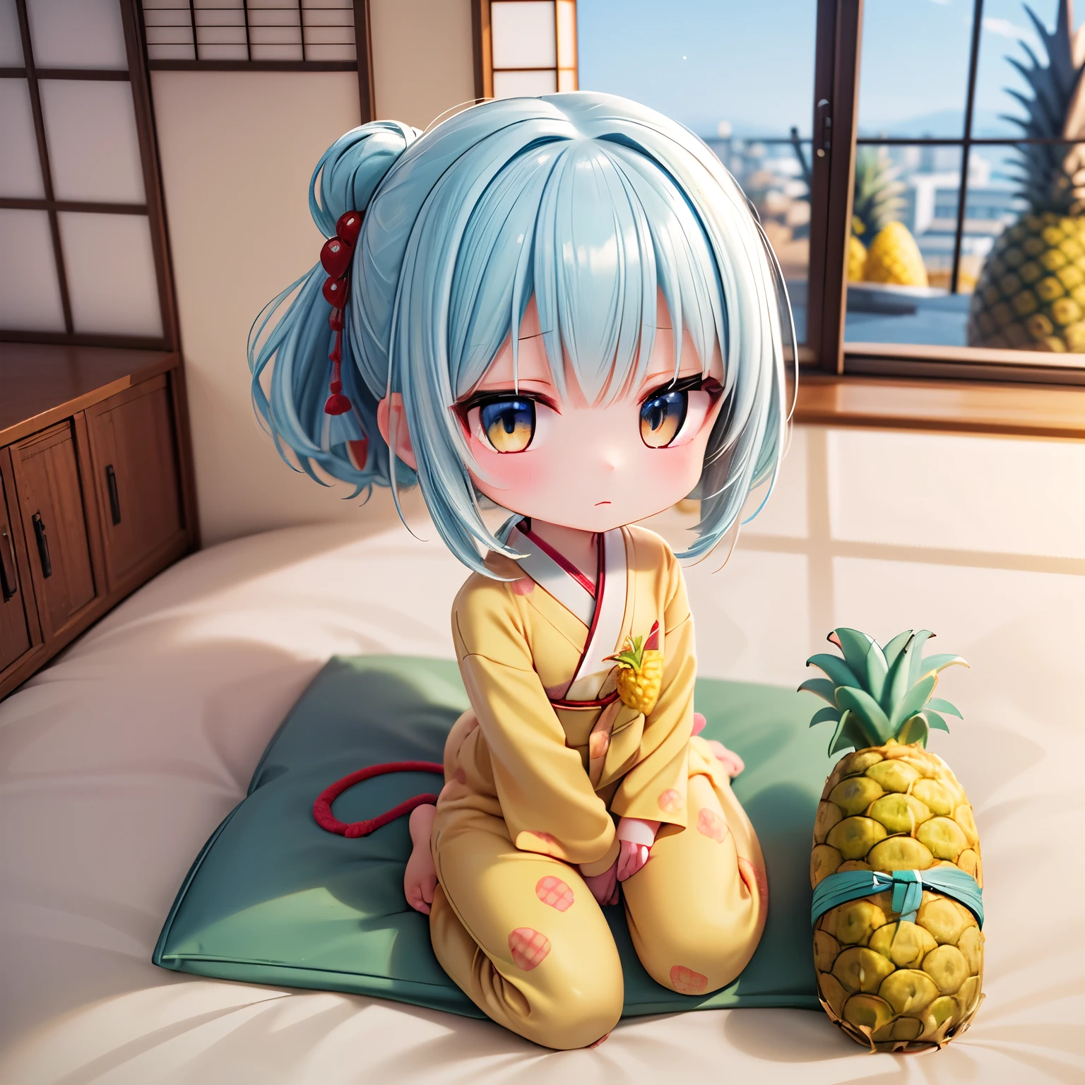 ((Chibi,pineapple, 3DCG, japanese room,on bed,one girl: 1.5)) ,(Masterpiece, almond-shaped eyes, glossy white-blue hair, short chignon hair, top quality, carefully drawn fingertips, beautiful anatomy : 1.4), (full body: 1.3), (Red cheeks, indifference, no expression, hair blowing in the wind: 1.2),(building,big Window,warm fashion, big animal onesie,sit,:1.3) 