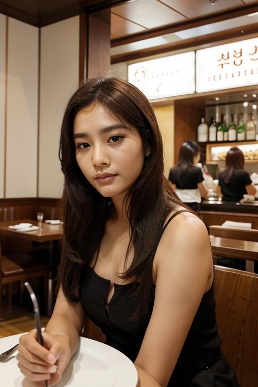 CRIE UMA COREANA DE CABELOS MARRONS EM UM RESTAURANTE