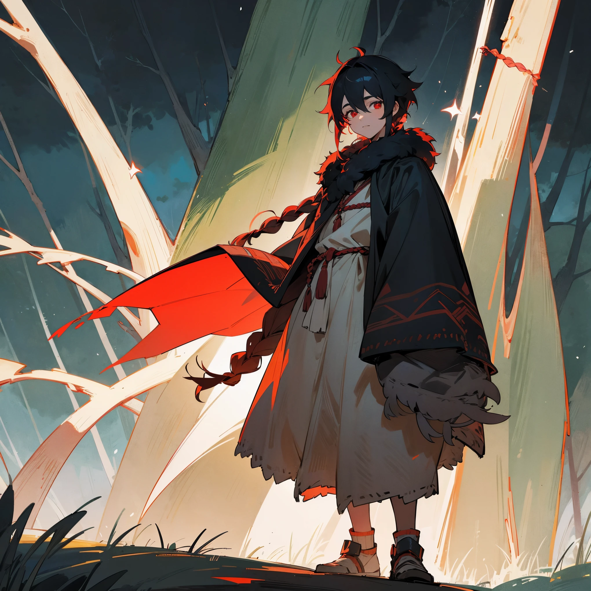1male, teen, finely detailed red eyes, short messy black hair with single braid in front, fur poncho, peasant clothing, night time, standing on path, forest,  