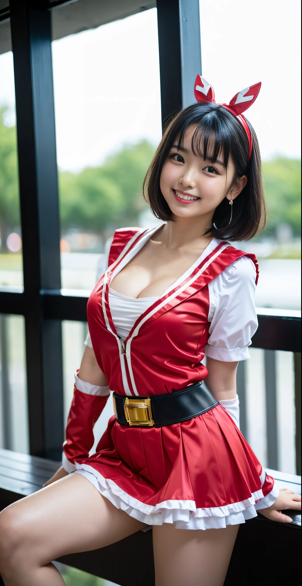 （8K、Raw photography、highest quality、masterpiece：1.2),(black haired、very short hair:1.7),show viewer,Looking at the front,erotic,(super sentai series、She is wearing a red Precure costume.:1.6)、(Clothing that emphasizes the shape of your chest:1.3)、(big breasts :1.3)、slim body shape、ultra high resolution,beautiful,beautiful fece,(alone, alone、no background:1.9),whole bodyボディー,、(black eye、japanese woman: 1.3),（Photoreal：1.37）、photon mapping,reality、(Cute with a : 1.3)、(cute smile: 1.7)、(With a round face: 1.8)、radio city、Physically based rendering、depth of field rally background、photograph, (I can see your knees,close up of thighs、blue skirt is too short、spread your legs、showing off white panties:1.1),whole body、super fine