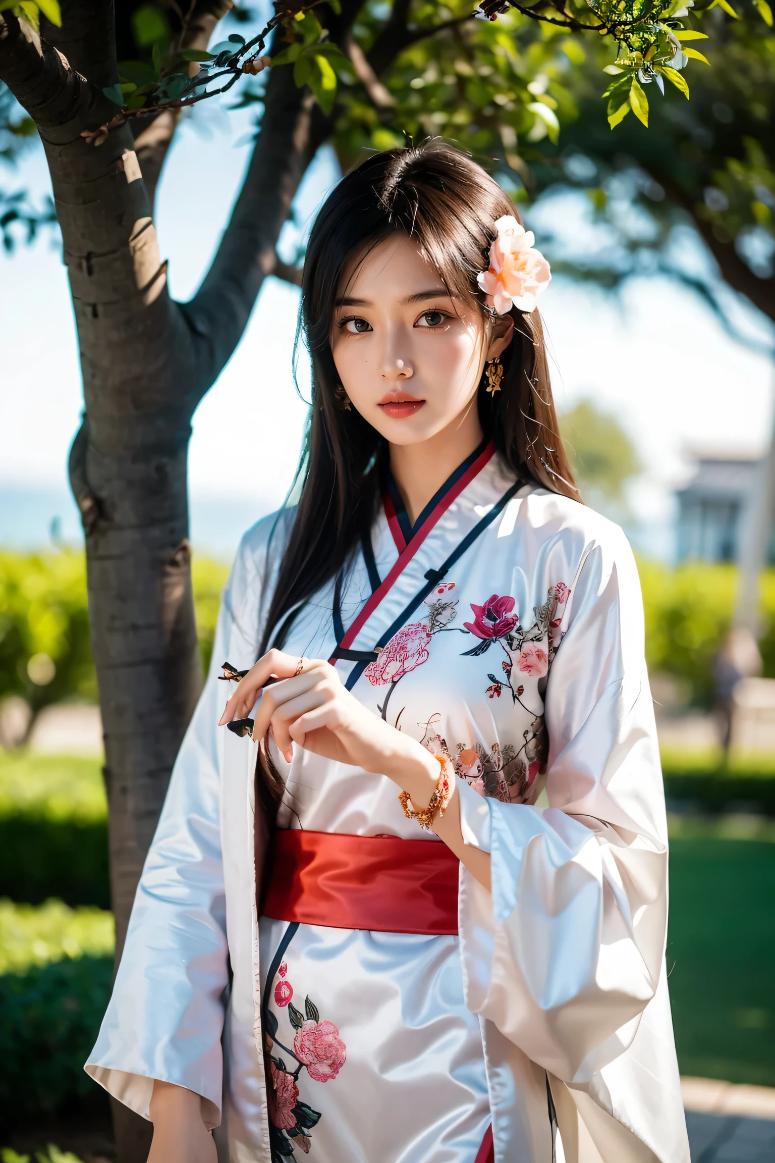 best quality, masterpiece, high resolution,3个女孩,pretty face,whole body,Chinese clothes,White robe,Hold the sword in your right hand (Gorgeous ornamentation),Peach tree,