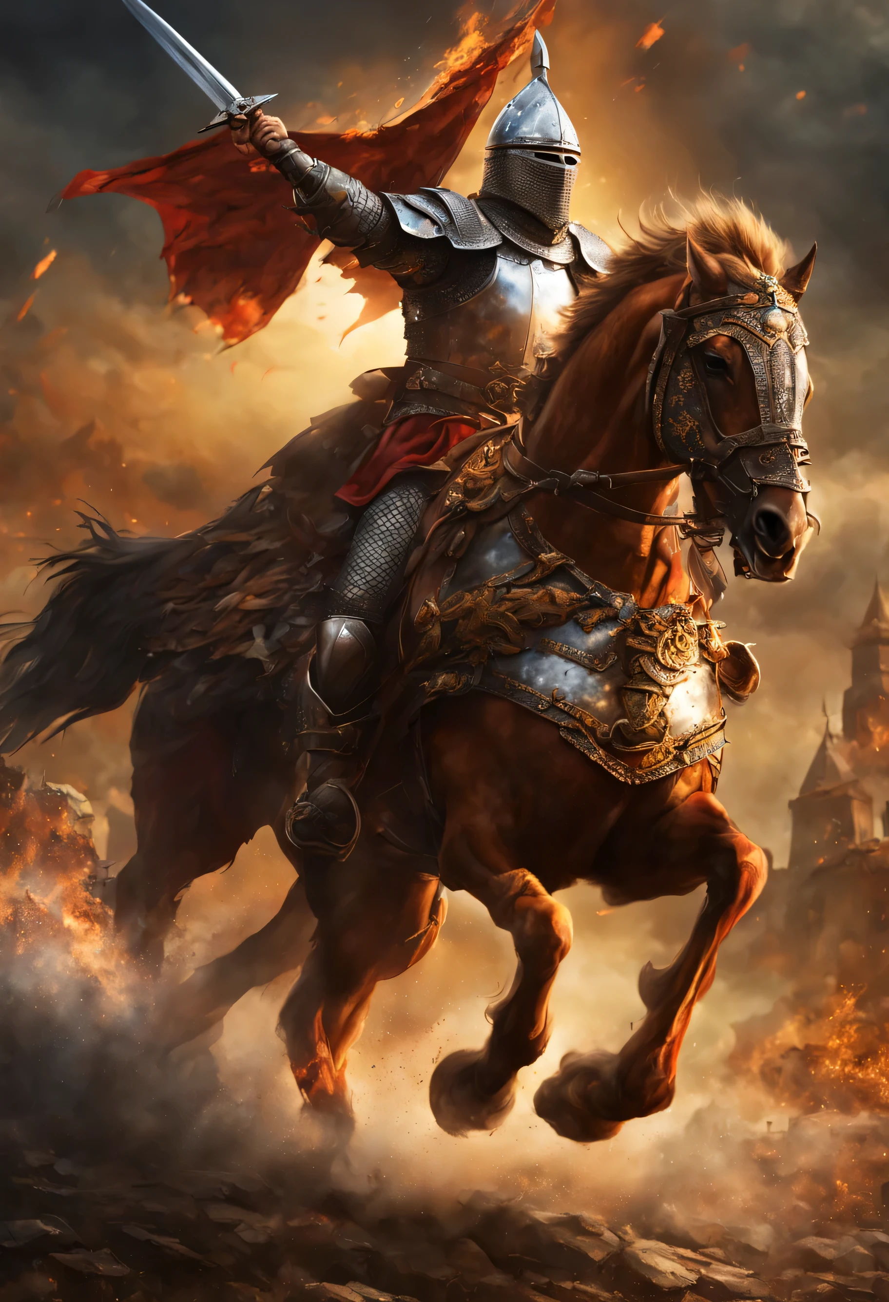 (top quality, super detailed), Russian hero, Pointed helmet, chain mail, breastplate, Armor, shoulder pads, Detailed Craftsmanship, Historical accuracy, bright colors, medieval setting, Epic battle scene, Majestic Background, Fiery explosions, Heroic pose, specific expression, Strong and muscular, Weathered face, Burning eyes, dirt and battle scars, flickering sword, intricately patterned shield, fierce dragon in the background, Flying arrows and spears, riding a, storm lighting, Dramatic atmosphere, Legendary Warrior.