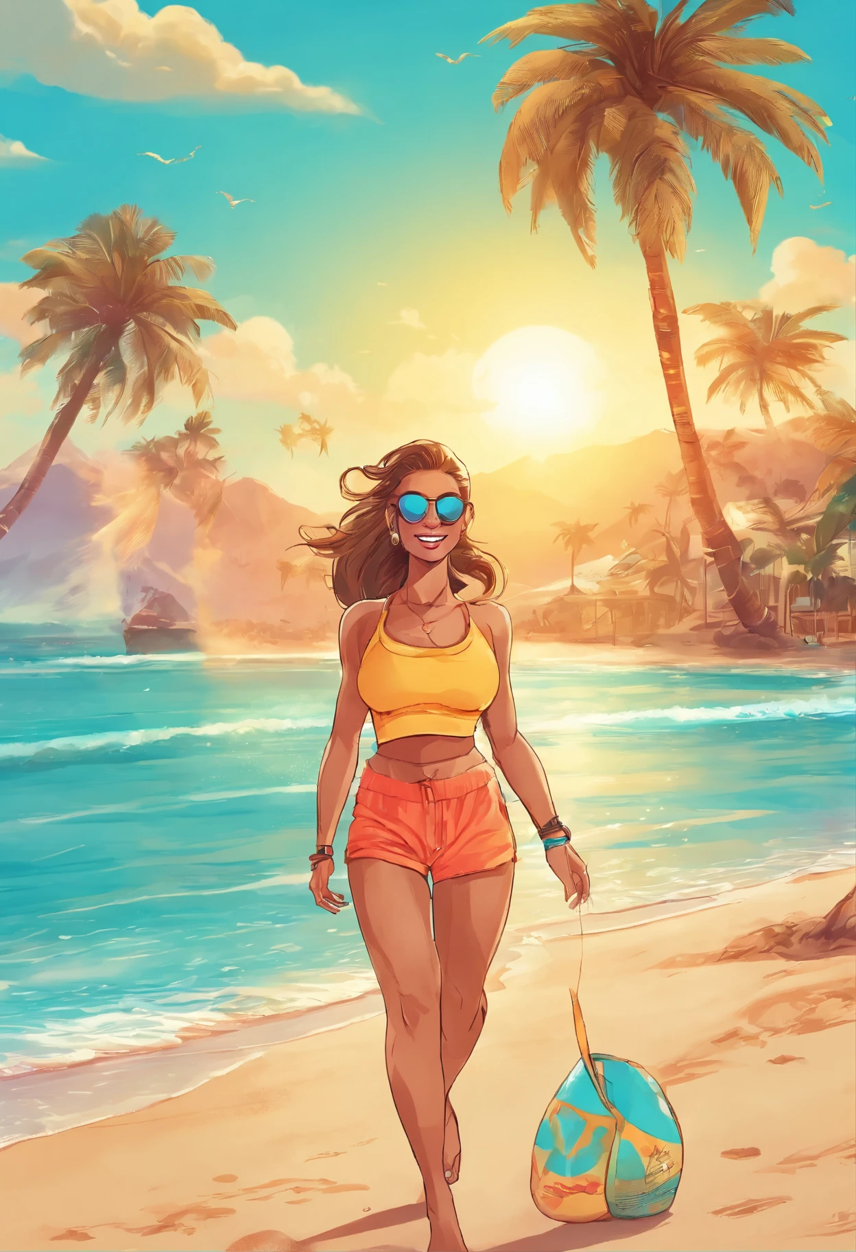 (sun-kissed skin,eye contact with the viewer,sportswear,leggings,beach walk in sneakers,clean background with a logo,from bottom, sunglasses:1.1),beautiful blue sky and turquoise sea,golden sand beach with gentle waves,refreshing ocean breeze,happy and energetic facial expression,attractive smile,perfect body curve,healthy and fit figure,enjoying the warm sun,crystal clear water with sparkling reflections,soft and natural lighting,summer vibes,alpha girl,confidence and charm,endless summer vacation,vibrant colors and vivid details,surrounded by palm trees and exotic plants,recreational activities in the background,energetic movement and dynamic pose,sporty and active lifestyle,captivating beauty,high-definition clarity,professional photography,comfortable and stylish outfits
