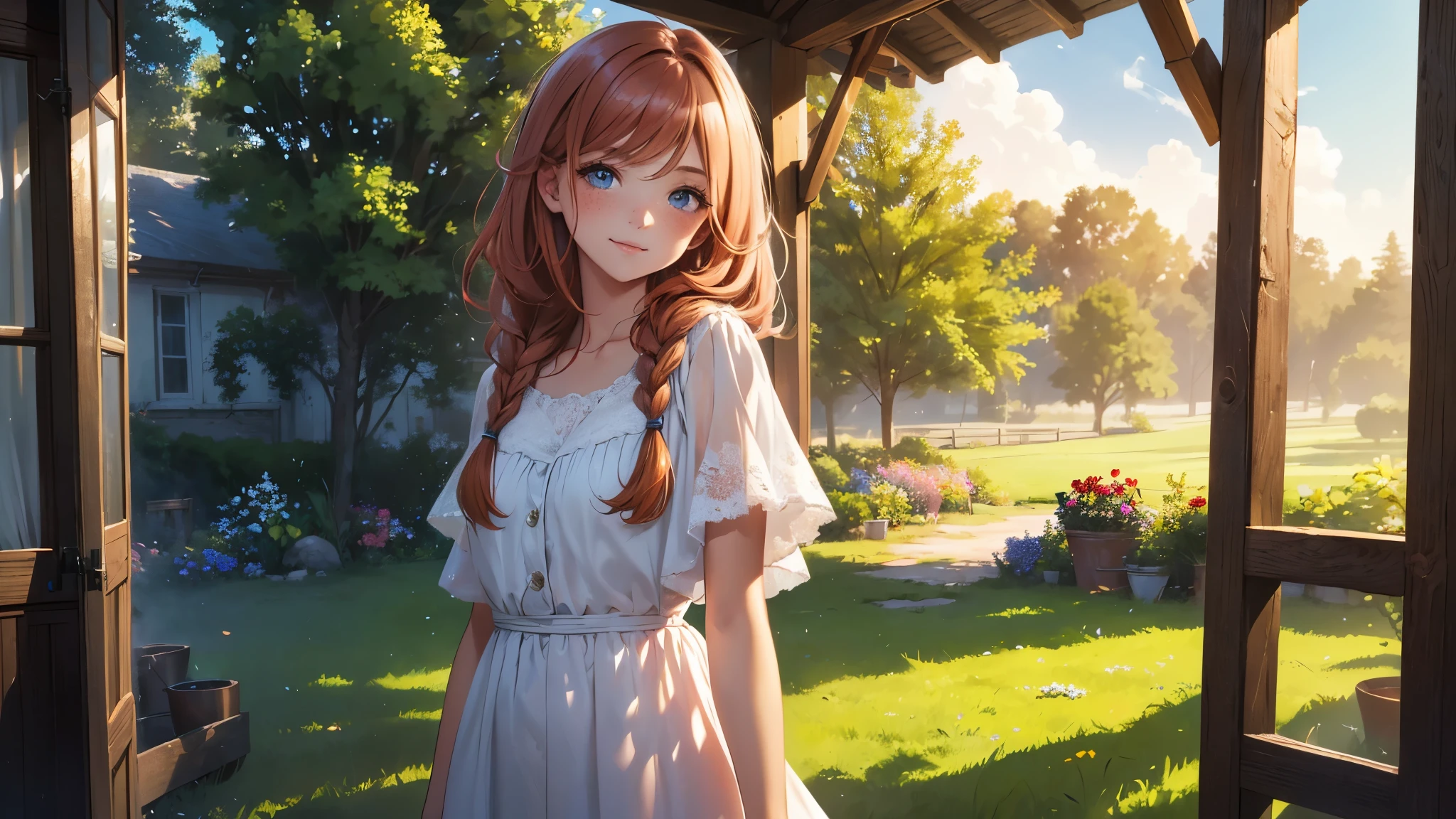 ((masterpiece,best quality,ultra detailed,ultra high res,detailed country yard background)), soft realistic focus, dynamic shadows, realistic image, vibrant colors,light leaks,dreamy atmosphere,chiaroscuro,BREAK
experimental charm, The girl is depicted in full growth, you see the girl from head to toe, nostalgic appeal, country girlfriend, she take you with yourself, simple open short dress, soft mischievous smile, freckles, shiny light red hair, she will take your hand, thick braids