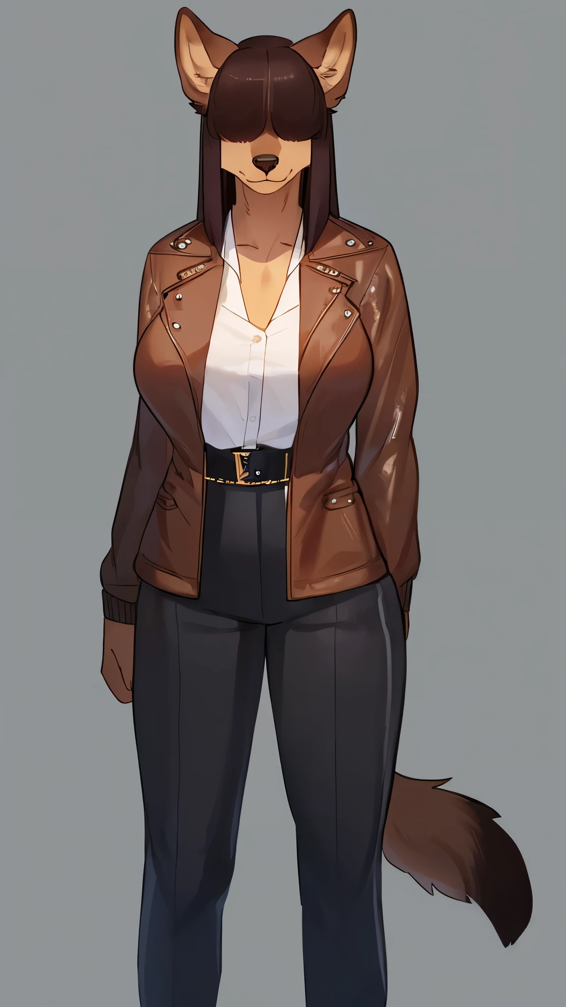 By bebebebebe, by lostgoose, by goonie-san, female, ((canine, snout, hair covering eyes, straight hair, medium hair, flat hair, ears, thin snout)), brown fur, big poofy tail, raised tail, dark maroon hair, ((muscular)), (big breasts), solo, standing, ((designer clothes, louis vuitton leather jacket)), (italian city)