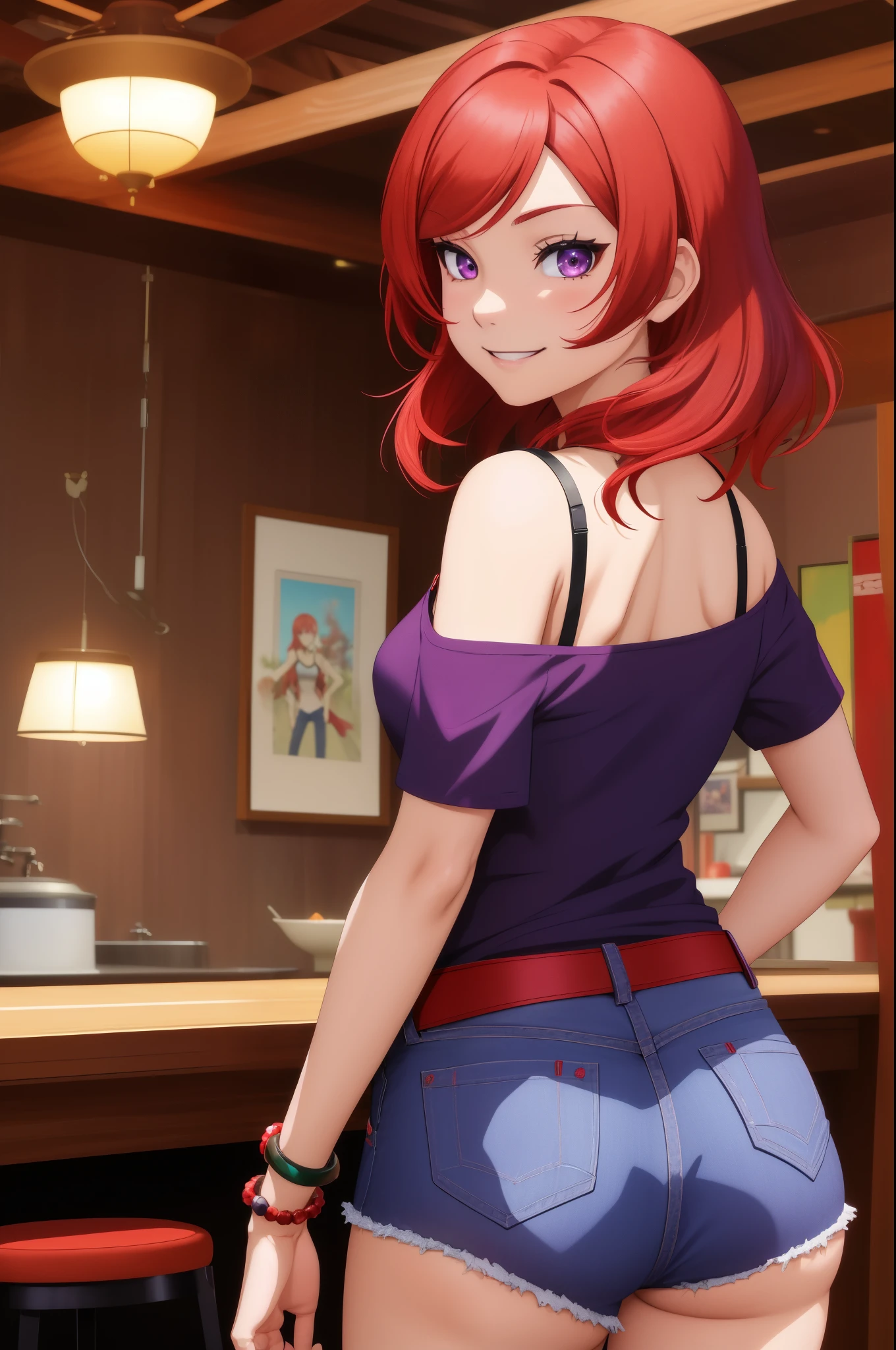 masterpiece, best quality, from behind, (bracelet:1.000), (nishikino maki), (red hair:0.987), (purple eyes:0.976),(solo:0.953), off shoulder tank top, jeans short shorts , ass cheeks, standing , looking back , smile 