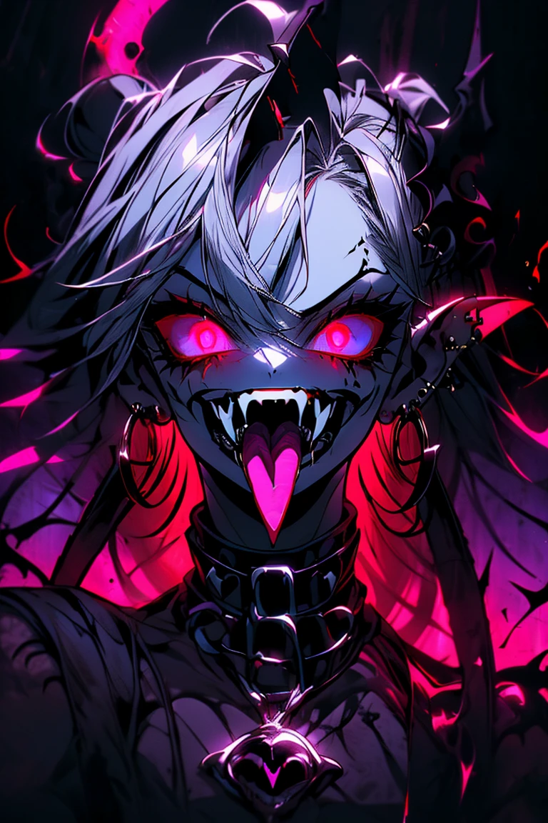 (ultra-detailed), (masterpiece), (best quality), (depth of field), (sharp focus), (cinematic lighting), (vibrant colors),   1girl, crazy smile, fangs, tongue sticking out, glowing eyes, gothic style, dark make-up, black tattoos, silver piercings, psychotic, constricted pupils, small pupils, yandere