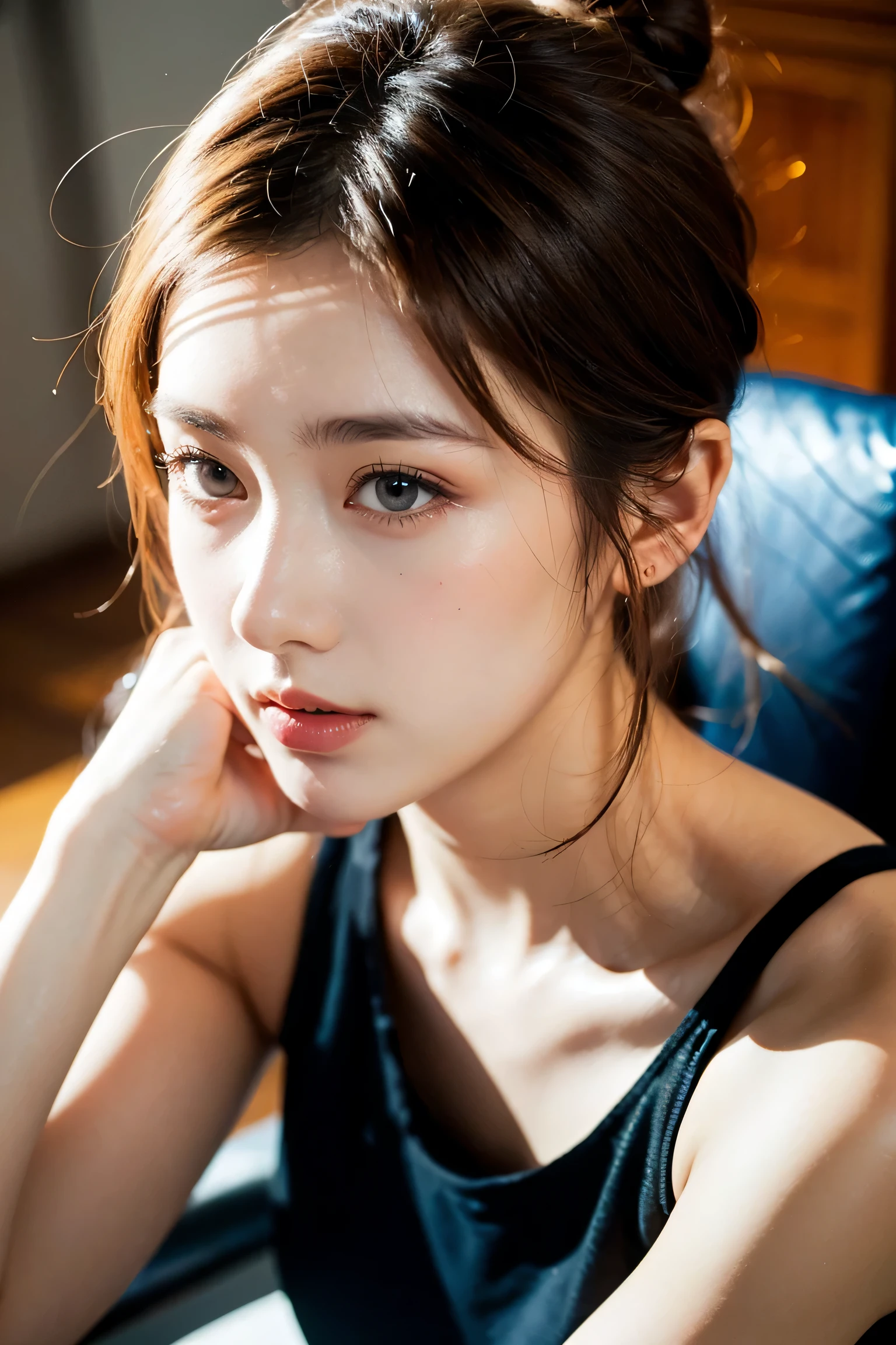 8k,best quality, masterpiece, ultra high resolution, (lifelike:1.4), original photo, (lifelike的皮肤纹理:1.3), (film grain:1.3), (Selfie angle),1 girl, A bun hairstyle, brown hair, sitting, Chair, boring, Support your chin with both hands, Beautiful and detailed eyes and face,masterpiece, best quality,close up,Upper body,
