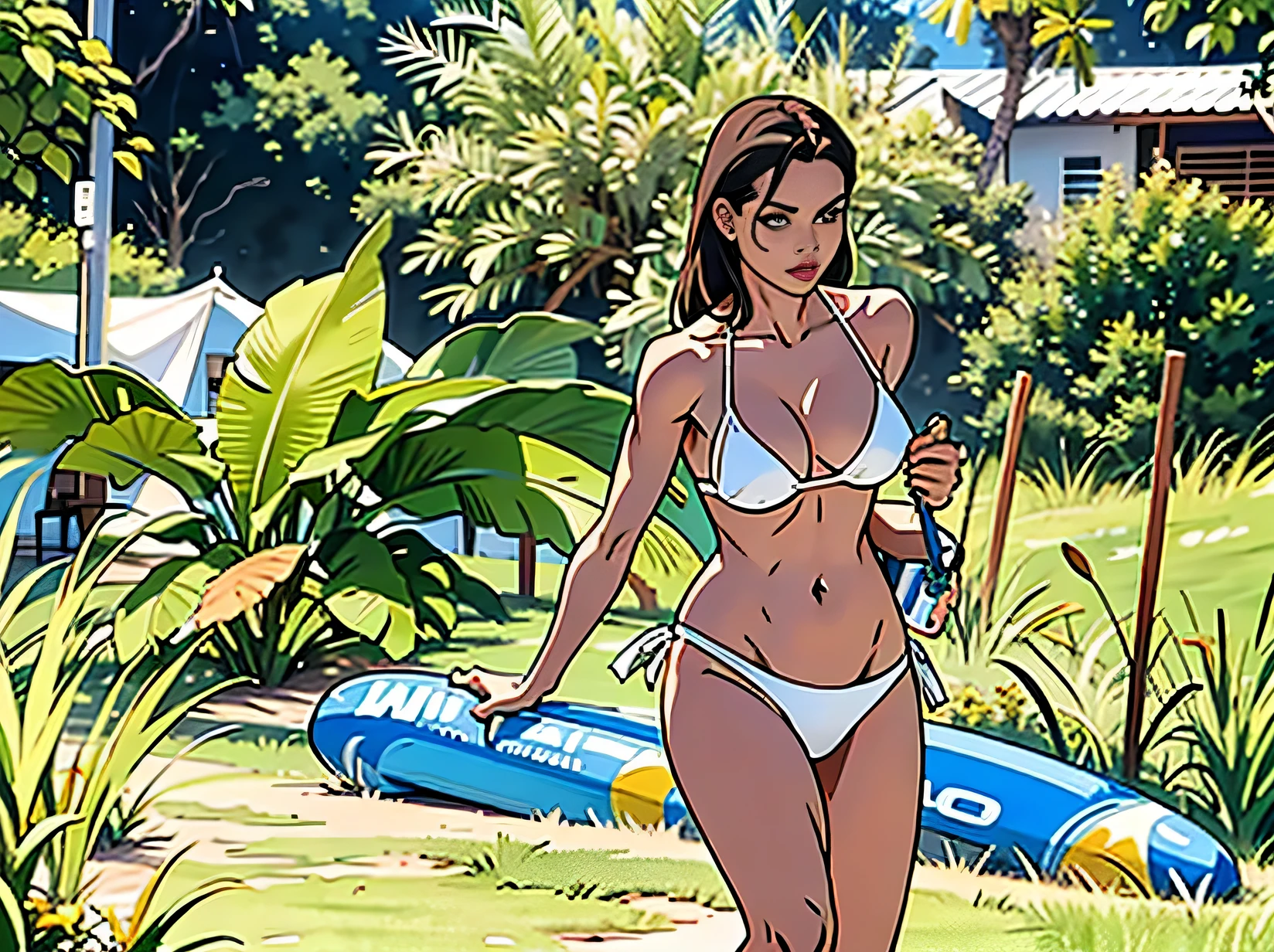there is a woman in bikini walking in the grass, wearing a white bikini, in bikini, full body shot in bikini, in bikini, ela tem cerca de 35 anos, wearing spandex bikini, 35 anos mulher, 8k