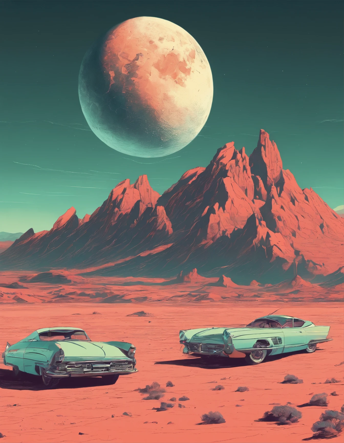 ((obra maestra)), ((Mejor calidad)), ((high resolution)), ((paisaje desolado desierto, mountains, , una luna, calido)), (((apocalipsis)))