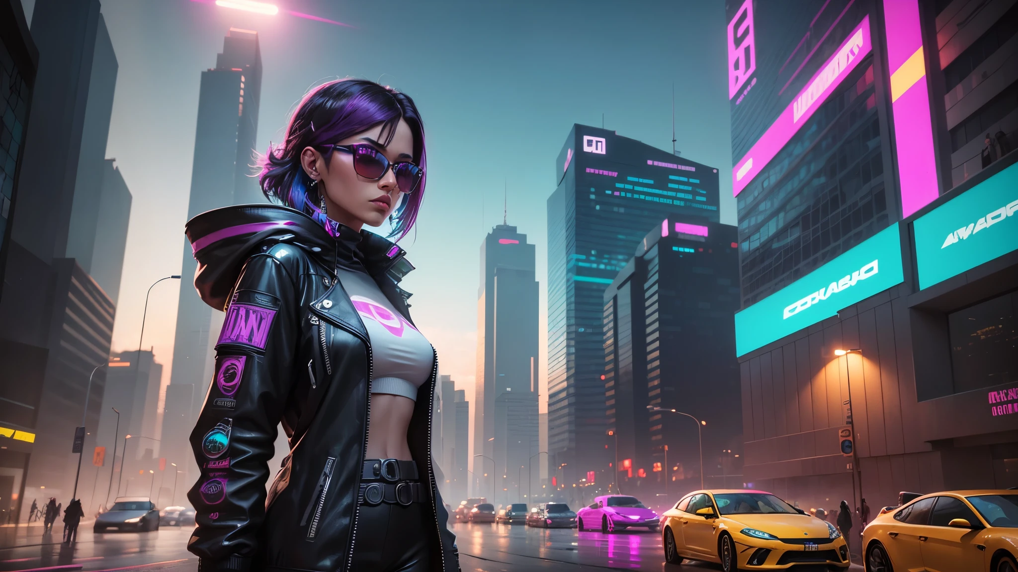 Una mujer con auriculares y gafas de sol en una ciudad futurista, estilo de arte cyberpunk, Estilo de arte futurista, vibraciones cyberpunk, Arte cyberpunk, Colores vibrantes cyberpunk, cyberpunk themed art, Arte ciberpunk digital avanzado, estilo de arte cyberpunk, Arte digital 3D 4K, Sombreado futurista, pero colorido, Arte futurista, En el estilo cyberpunk, cyberpunk illustration, style hybrid mix of beeple, Arte digital 4K