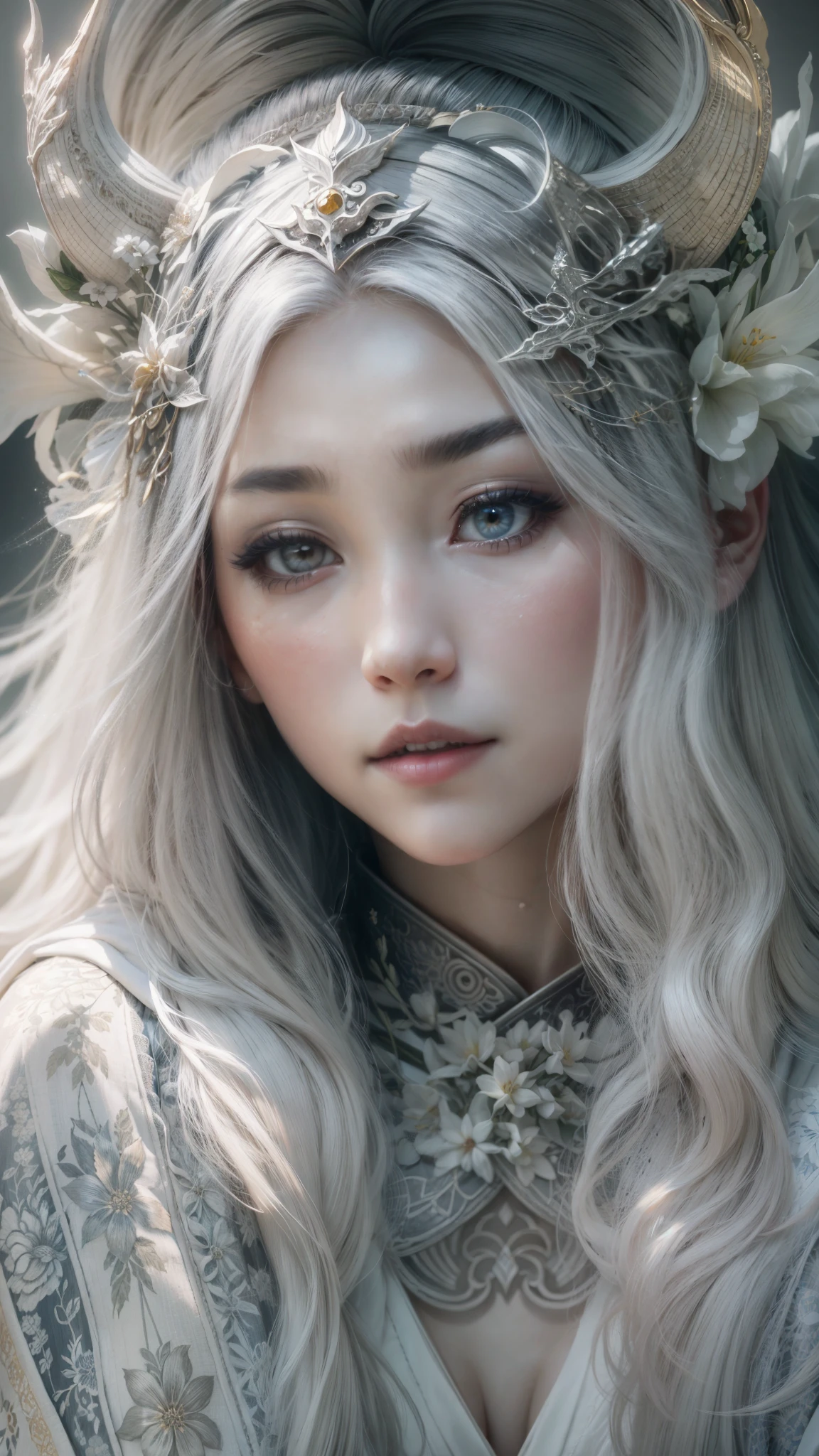 A full body portrait of a japanese woman with a silver tail and little horns, the photograph captured in stunning 8k resolution and raw format to preserve the highest quality of detail. The woman's beauty is undeniable, a peaceful look. She wears a silver ceremonial robe with some delicate embroidered details that complement her charming and passionate pose, all portrayed with meticulous attention to detail, showing the perfection and maturity in her face with delicate features and hyper-detailed bright silver eyes. The photograph is taken with a lens that frames your entire body, challenging your gaze, and the backdrop is a divine, bright environment that highlights the vibrant colors of the scene. The lighting and shadows are expertly crafted to highlight the richness of her skin and subtle nuances of her features. Her long silver hair, with distinct variations in tone, stands out in contrast to her snow-white skin. The external environment adds a sense of divinity, while a few small silver scales on its skin reflect the sunlight. The overall composition captures her essence with authenticity and grace, creating a portrait that is a celebration of a celestial goddess. Photography by defiance512, using the best shadow and lighting techniques, to create a mesmerizing portrait that transcends the visual.