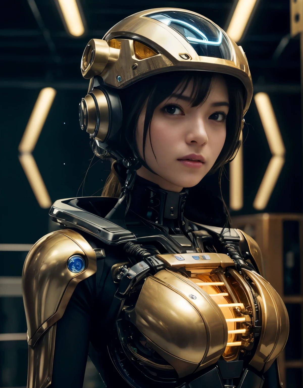 (Background of skimpy mechanical girl and octopus alien)、(Mystical expression)、highest quality、masterpiece、Super high resolution、(Photoreal:1.4)、RAW photo、1 girl、glowing skin、detailed face、(((1 Mechanical Girl)))、Heavy chest、(gold metal bodysuit)、(Natural alien background to fight aliens)、(Small LED)、((Super realistic details))、vertical giant monster background),global illumination、Shadow、octane rendering、24K、super sharp、robotの背景、big breasts、Raw skin exposed in the cleavage、intricate decorative details、Japan details、very intricate details、realistic light、(Mystical expression),CG Society Trenlow Eyes、Eyes shining towards the camera、Mechanical marginal blood vessels connected to neon detail tubes)、(Wires and cables connecting to the head)、Small LED、,mechanical thighs、two stock、(Hands are also made of machines)、robot、future alien、Please wear a mechanical helmet、transparent face guard on helmet,