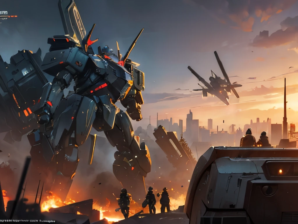 (masterpiece, highest quality, cinematic, intricate details) Huge battle mech, fighting, crowds of people, dense futuristic city, night, cyberpunk metropolis in background, planets in sky