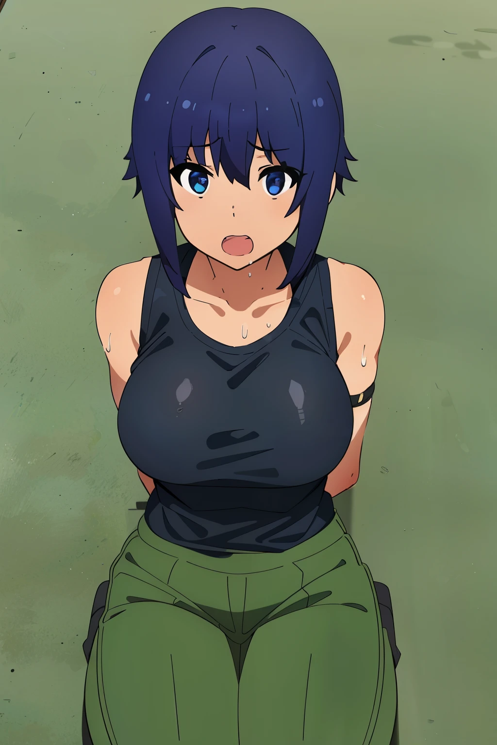 ((white skin)), beautiful skin, (highres,best_quality,anime_screencap), (1girl, solo, hibiki_riou), black tank top, ((from bellow)), short hair, (blush), shy, frown, close one eye, ((Sweat)), ((big breasts)), How to write a correction,masterpiece, highest quality, ((((hands tied behind)))), ((turn your arms behind your back)), concrete floor, concrete wall, undergroundで, underground, Seiza, wariza, open mouth, green pants, ((sitting on the floor)), (shiny hair:1.05), (shiny skin:0.97), (Big eyes:0.95)