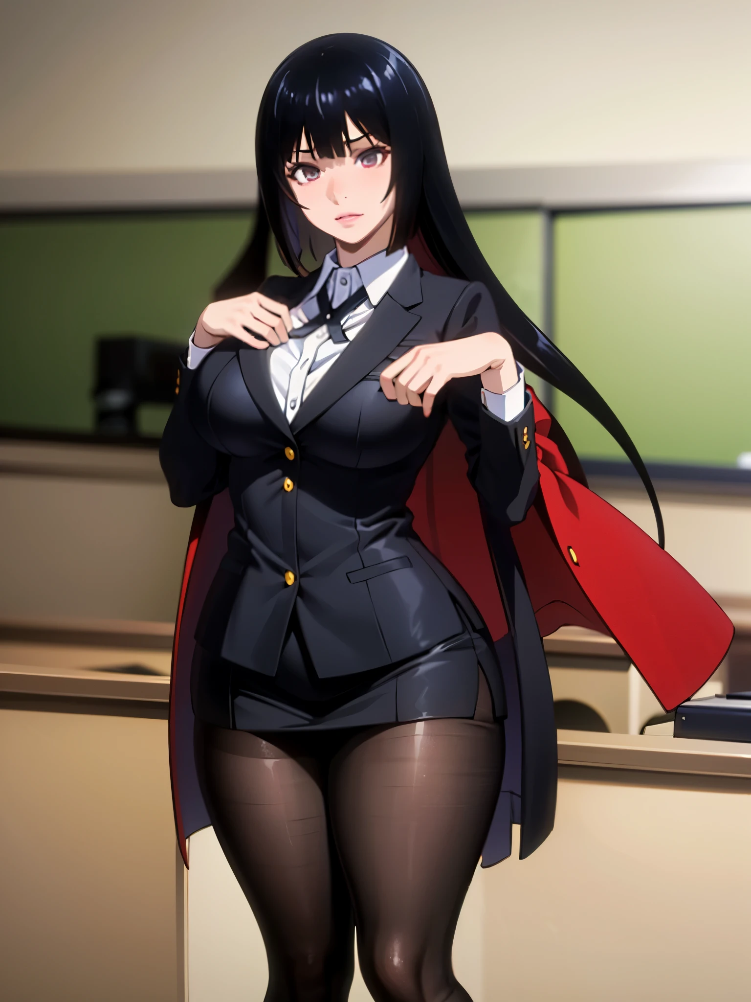 Yumeko Jabami , pretty face , classroom ,detailed face , black hair , burgundy eyes , (((beautiful girl with a curvy figure))) , pink glossed lips , red blazer with black trim lining the cuffs and collar, white button-up dress shirt and black tie, a black and grey checkered mini skirt, black tights, and brown loafers. silver ring on her left thumb, , naked pussy , touching her self , long hair , sexy , white skin , curvy , 18 years old girl , straight hair , sexy lips , touching her , high quality picture , hd , super detailed , hyper-realistic , insanely detailed and intricate , beautiful , detailed face , 4k, high resolution, 4k, 8k, hd, full colour, 4k, 8k, 4k, high definition 