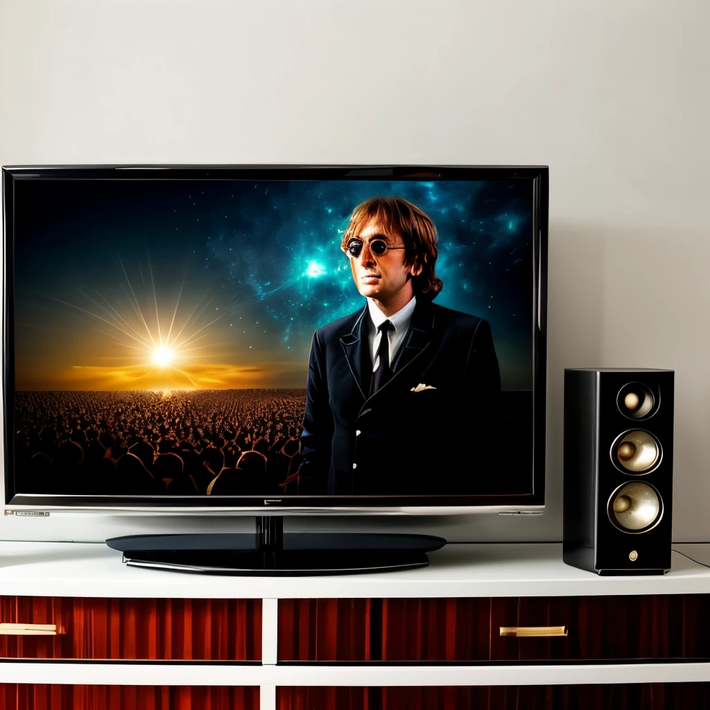 Create an image where a television transforms into a whimsical world, with John Lennon's presence enhancing the viewing experience, as music and magic blend in an unexpected visual spectacle