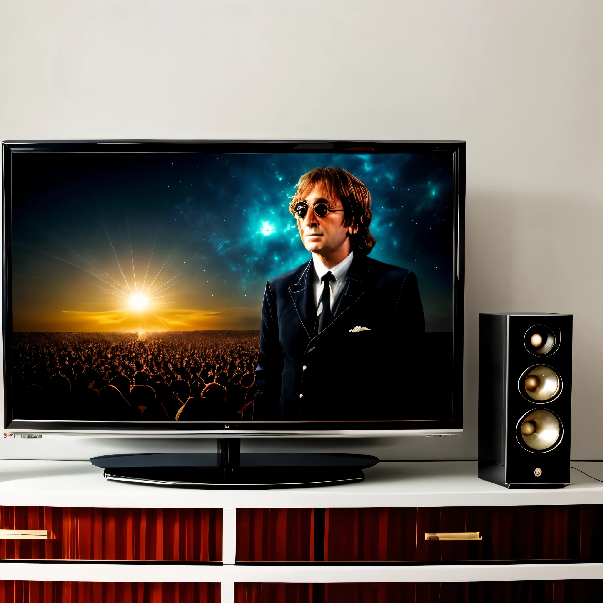 Create an image where a television transforms into a whimsical world, with John Lennon's presence enhancing the viewing experience, as music and magic blend in an unexpected visual spectacle