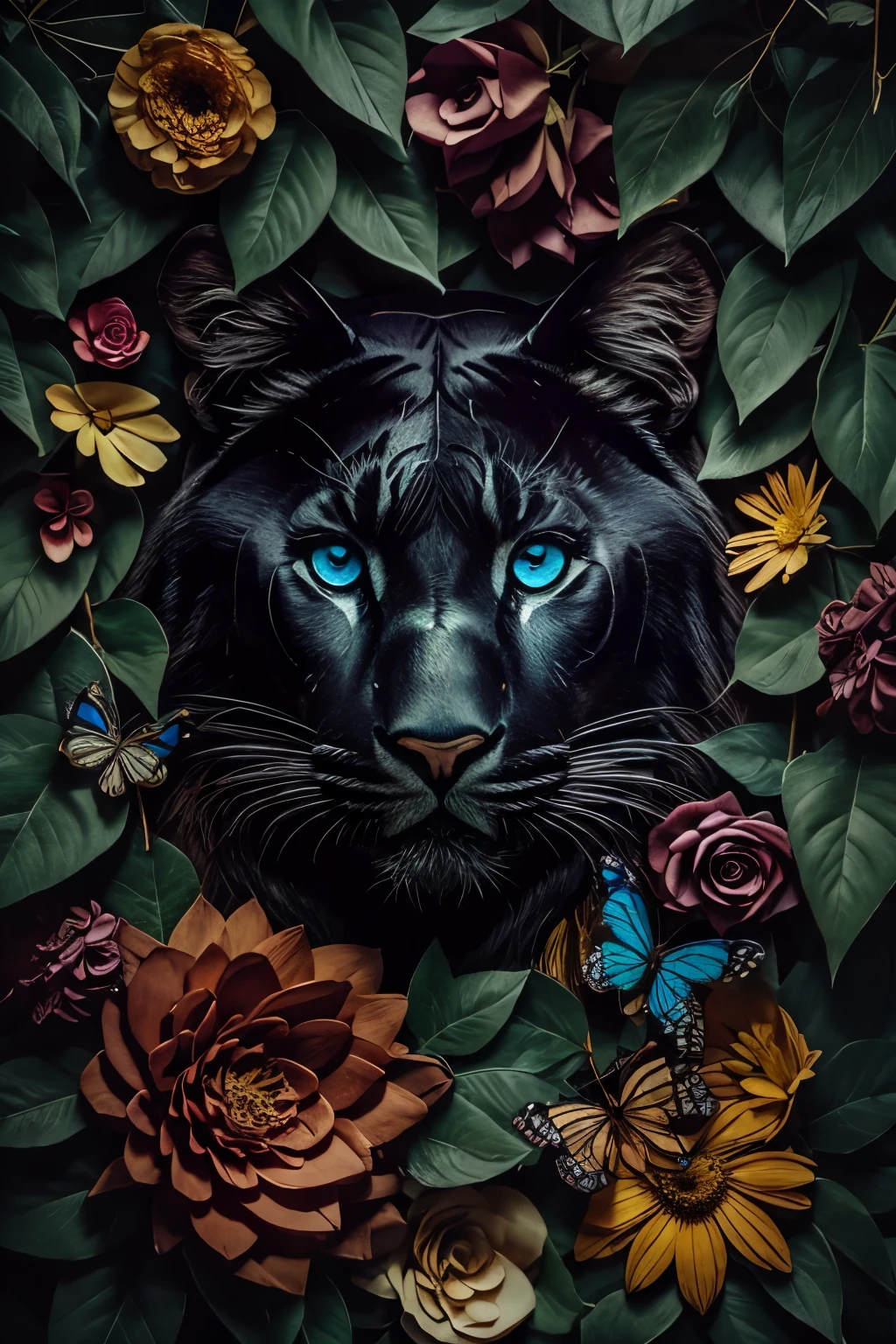 collage contemporary art, black panter head, with flowers and leaves, some brilliant insects, painted, ultra detailed, full color, vibrant colors, 8k, realistic