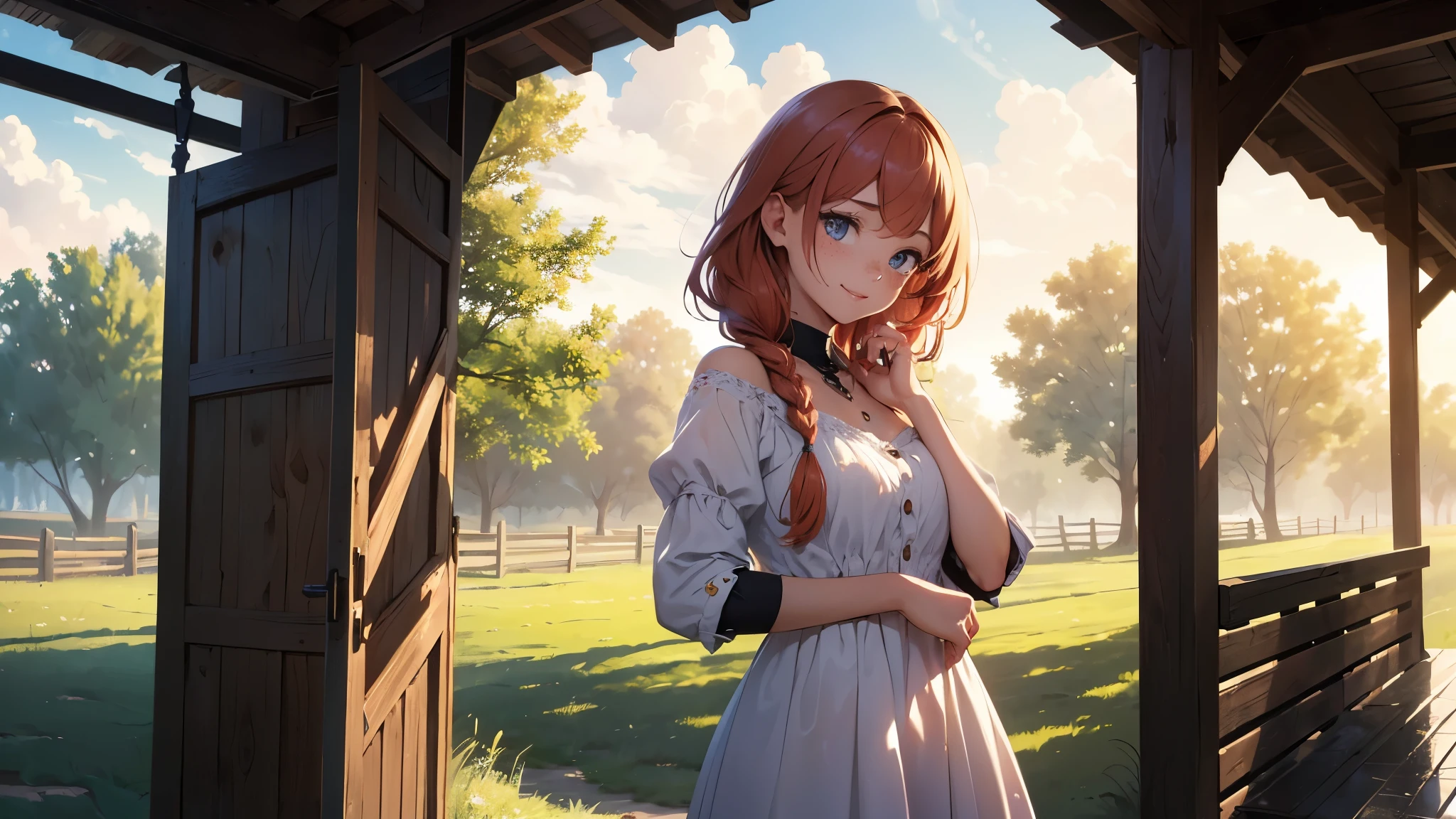 ((masterpiece,best quality,ultra detailed,ultra high res,detailed country yard background)), soft realistic focus, dynamic shadows, realistic image, vibrant colors,light leaks,dreamy atmosphere,chiaroscuro,BREAK 
experimental charm, The girl is depicted in full growth, you see the girl from head to toe, nostalgic appeal, country girlfriend, she take you with yourself, simple open short dress, soft mischievous smile, freckles, shiny light red hair, she will take your hand, thick braids